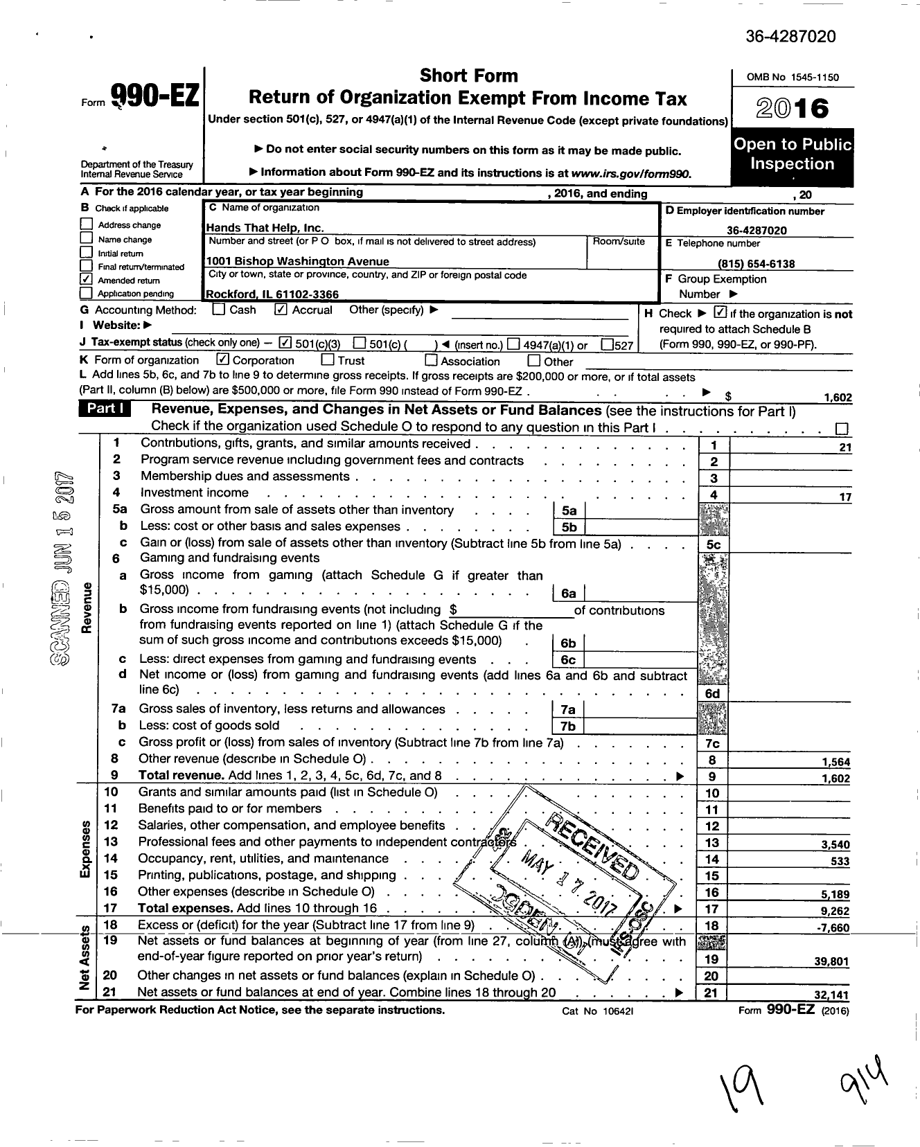 Image of first page of 2016 Form 990EZ for Hands That Help