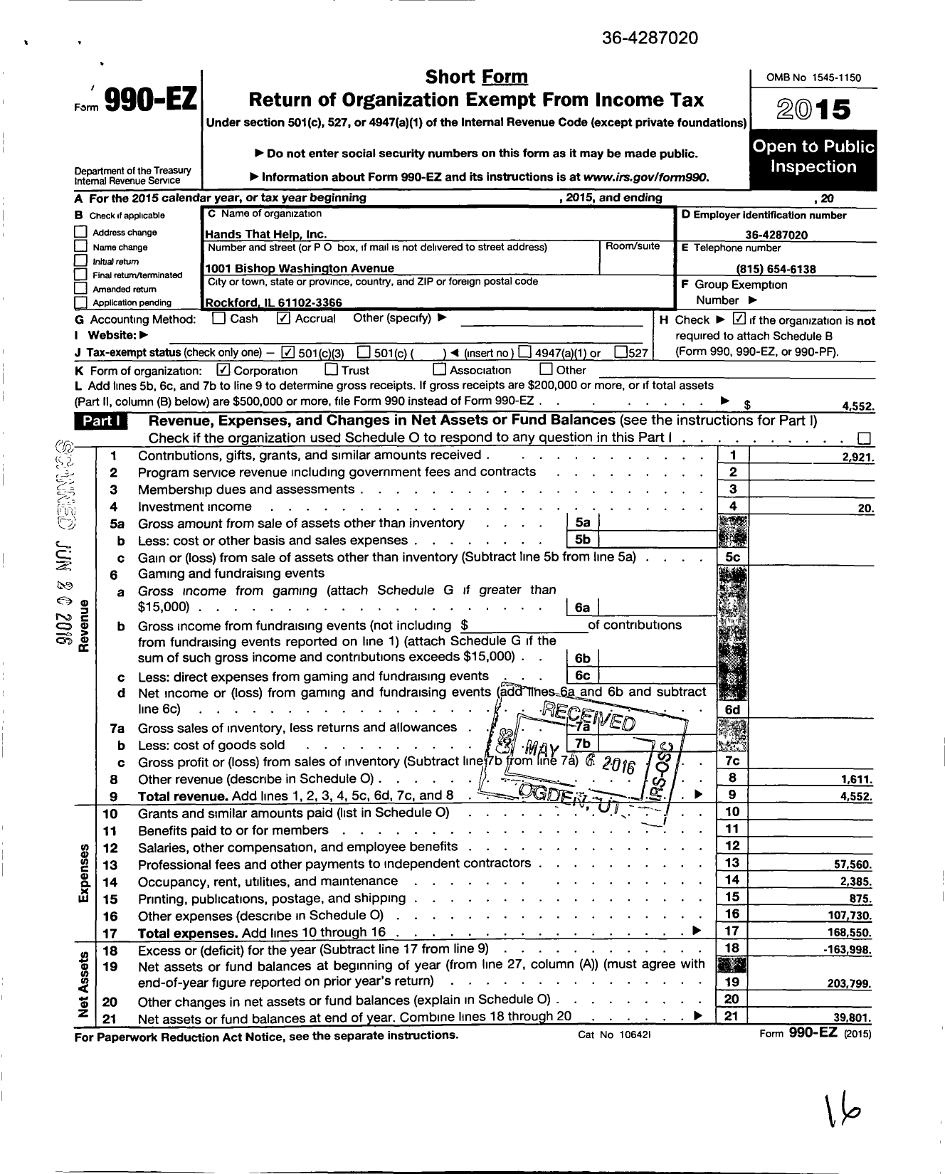 Image of first page of 2015 Form 990EZ for Hands That Help