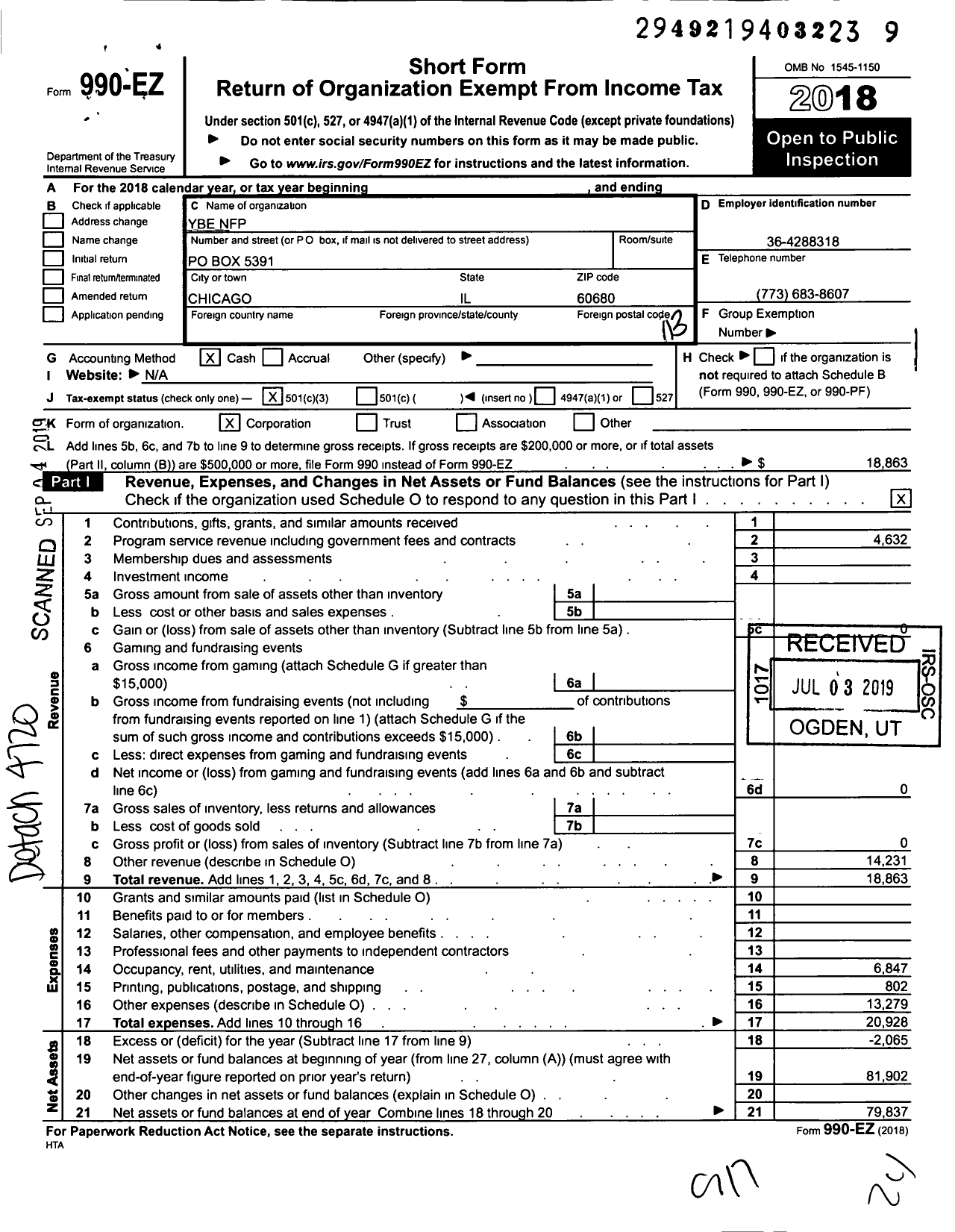 Image of first page of 2018 Form 990EZ for Ybe NFP