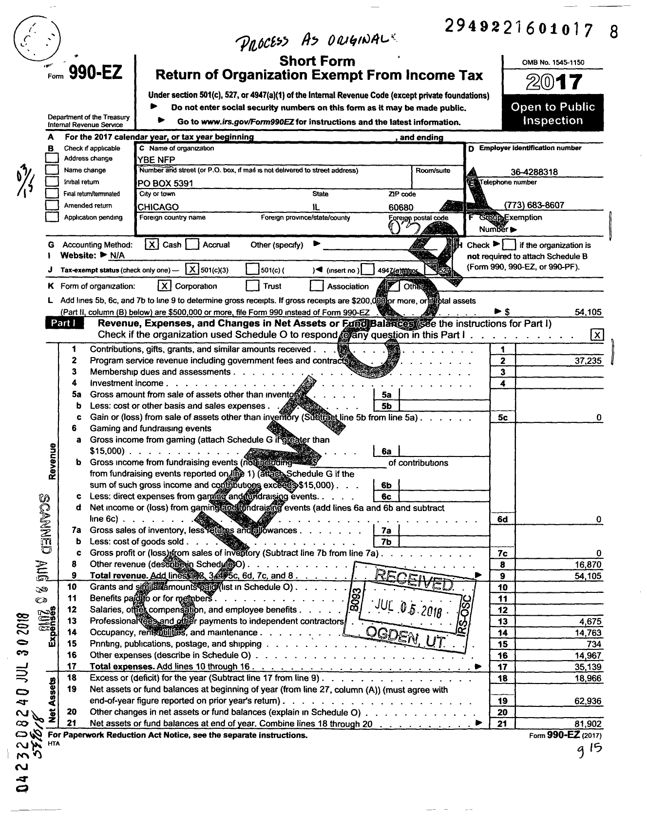 Image of first page of 2017 Form 990EZ for Ybe NFP