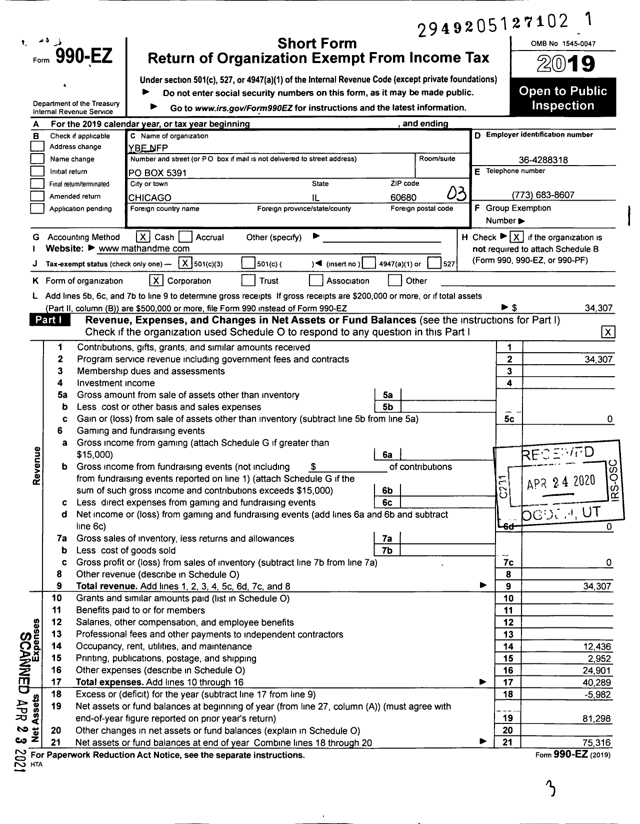 Image of first page of 2019 Form 990EZ for Ybe NFP