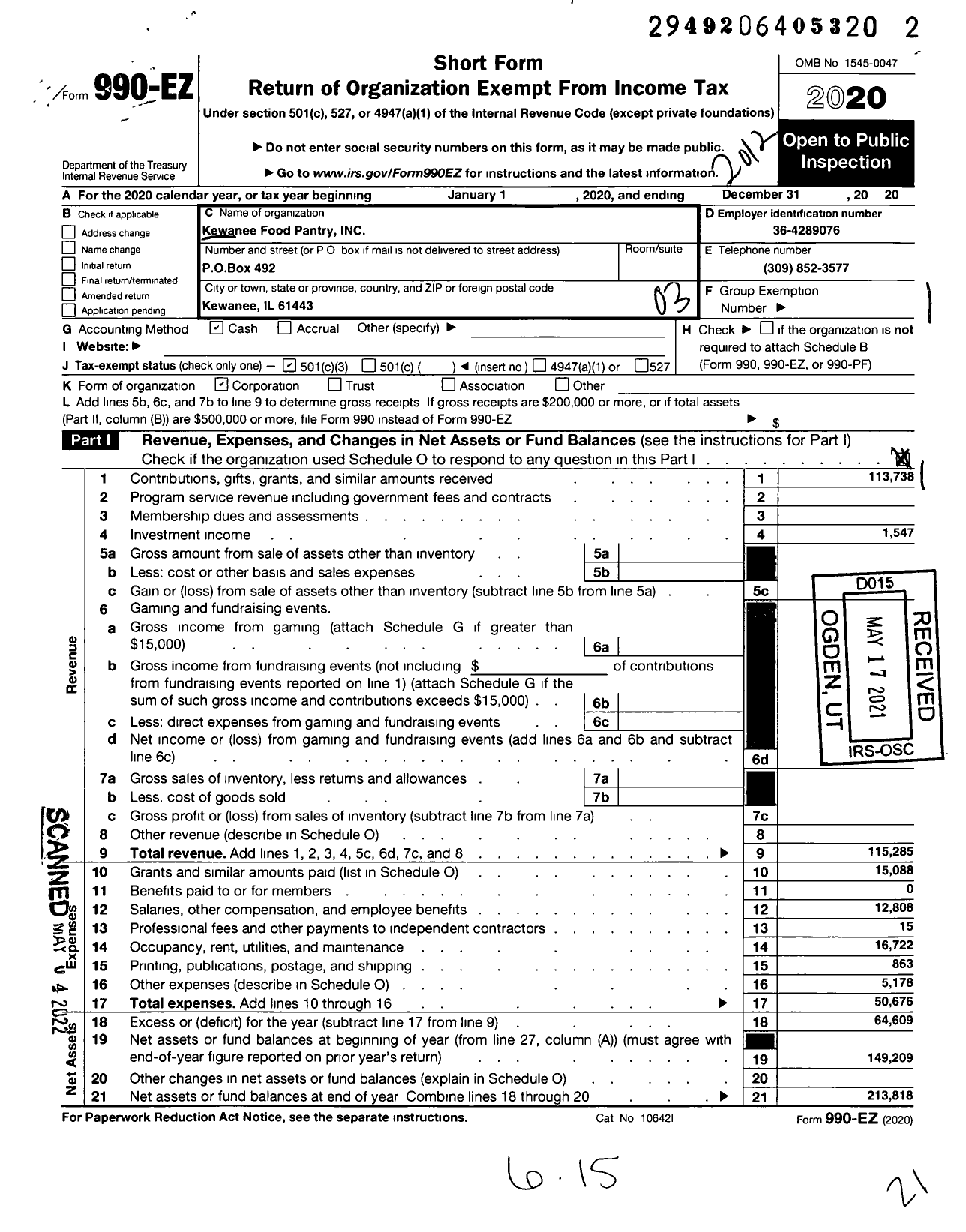 Image of first page of 2020 Form 990EZ for Kewanee Food Pantry