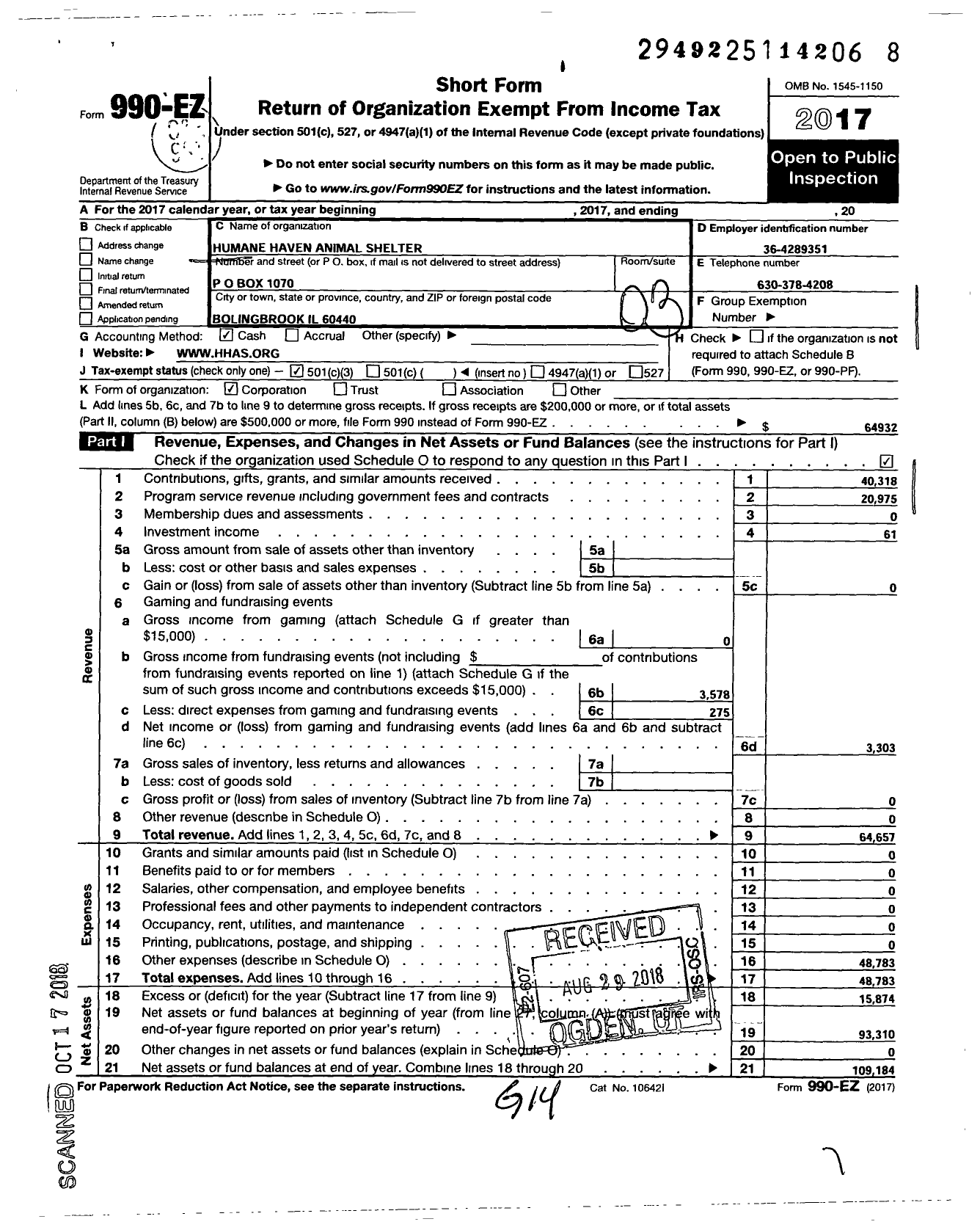 Image of first page of 2017 Form 990EZ for Humane Haven Animal Shelter