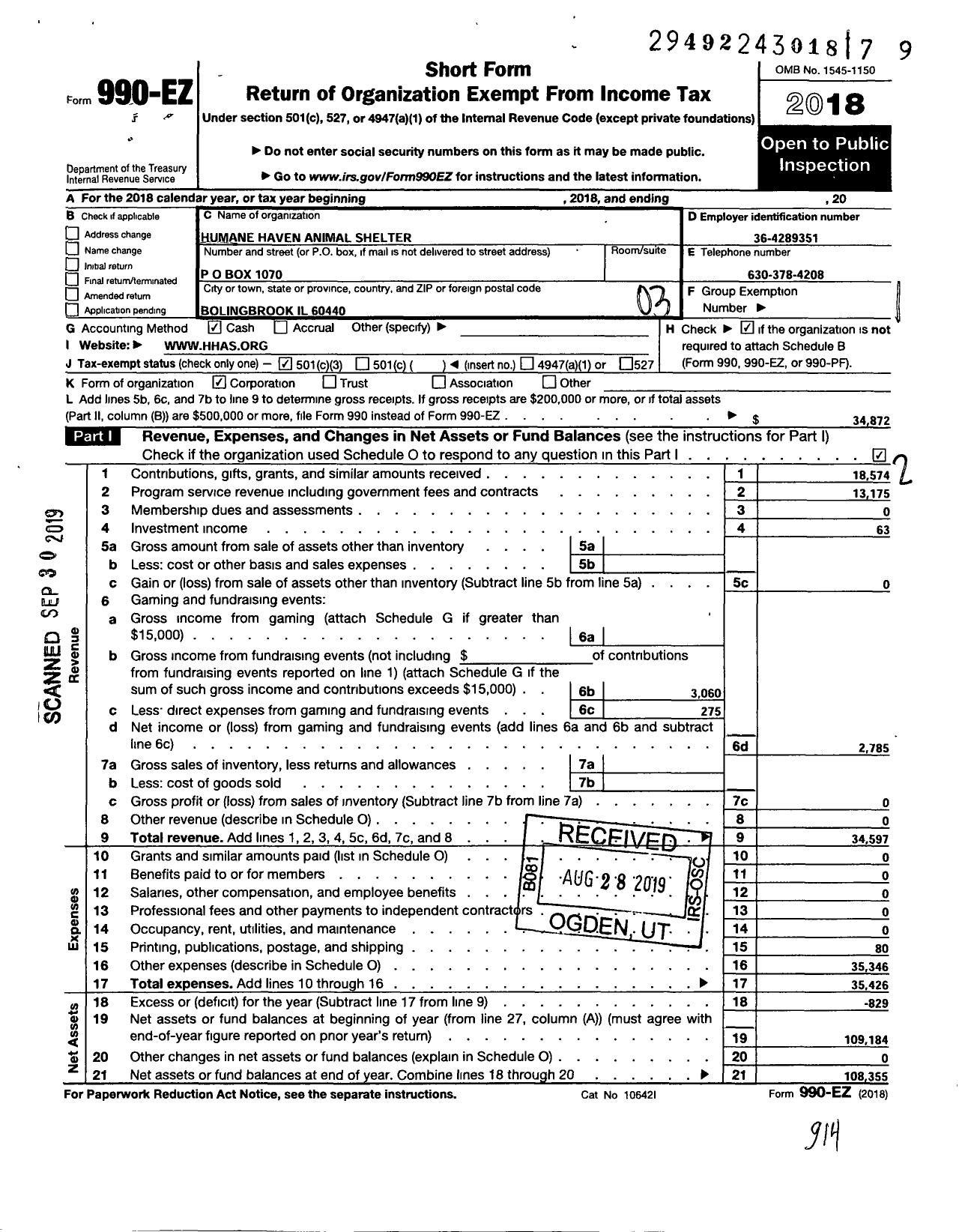 Image of first page of 2018 Form 990EZ for Humane Haven Animal Shelter