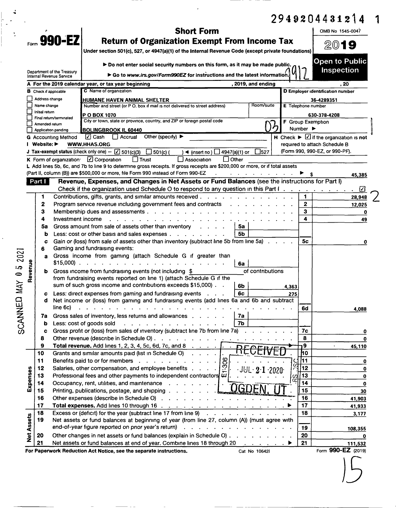 Image of first page of 2019 Form 990EZ for Humane Haven Animal Shelter