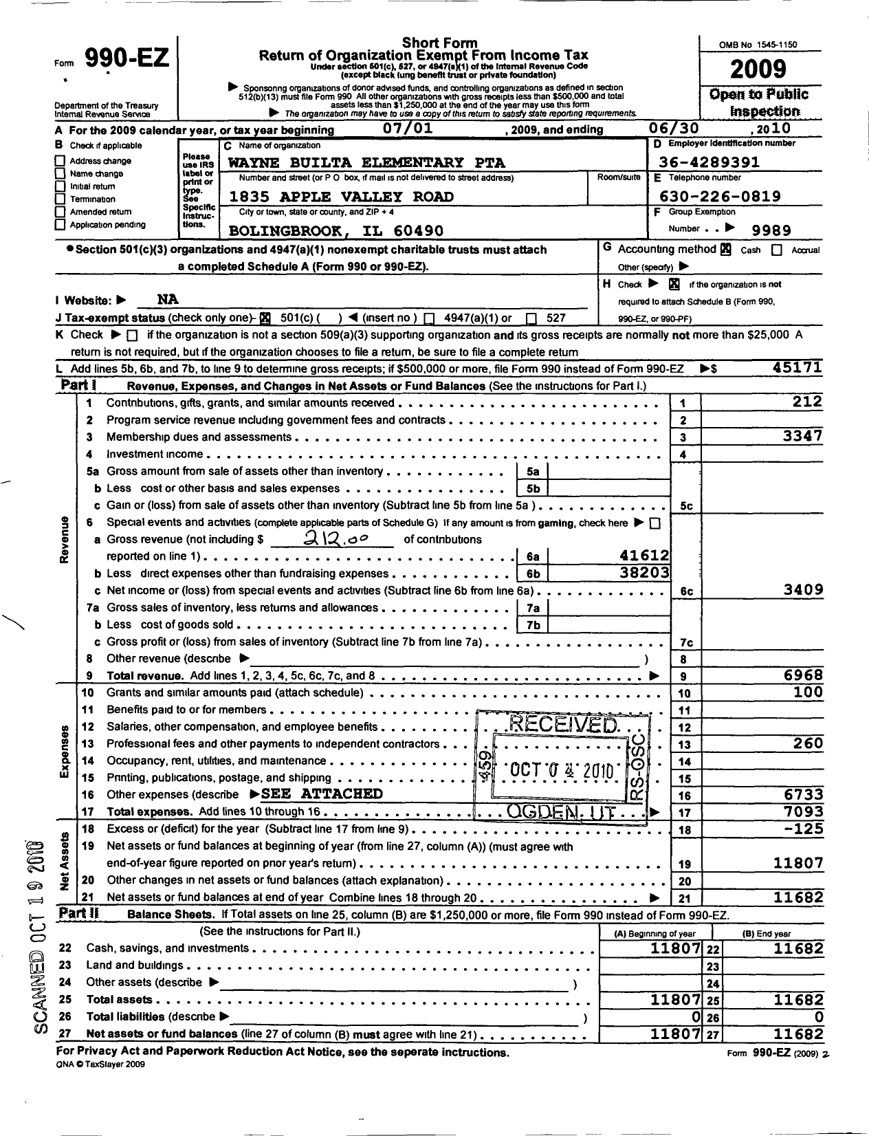 Image of first page of 2009 Form 990EO for Illinois PTA - Builta Elementary School PTA