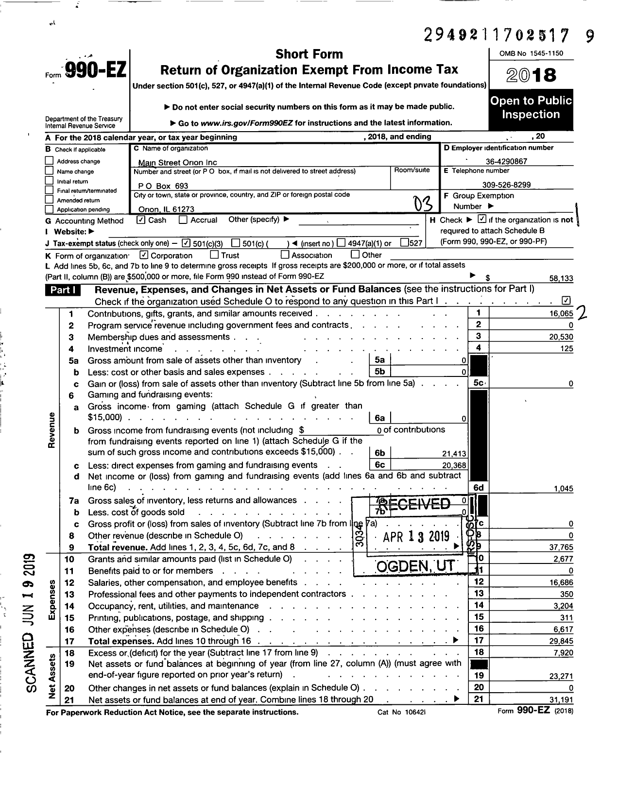 Image of first page of 2018 Form 990EZ for Main Street Orion