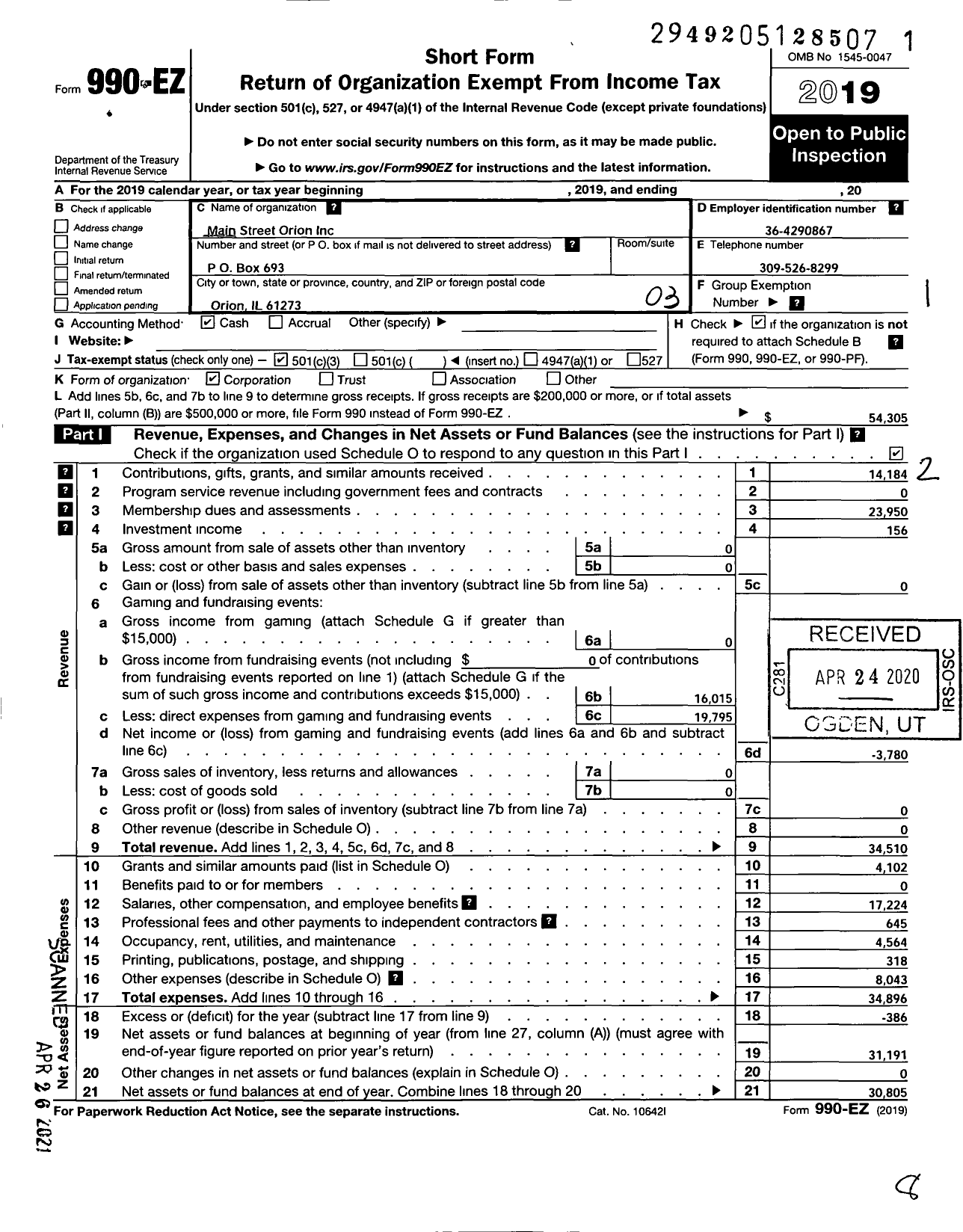 Image of first page of 2019 Form 990EZ for Main Street Orion