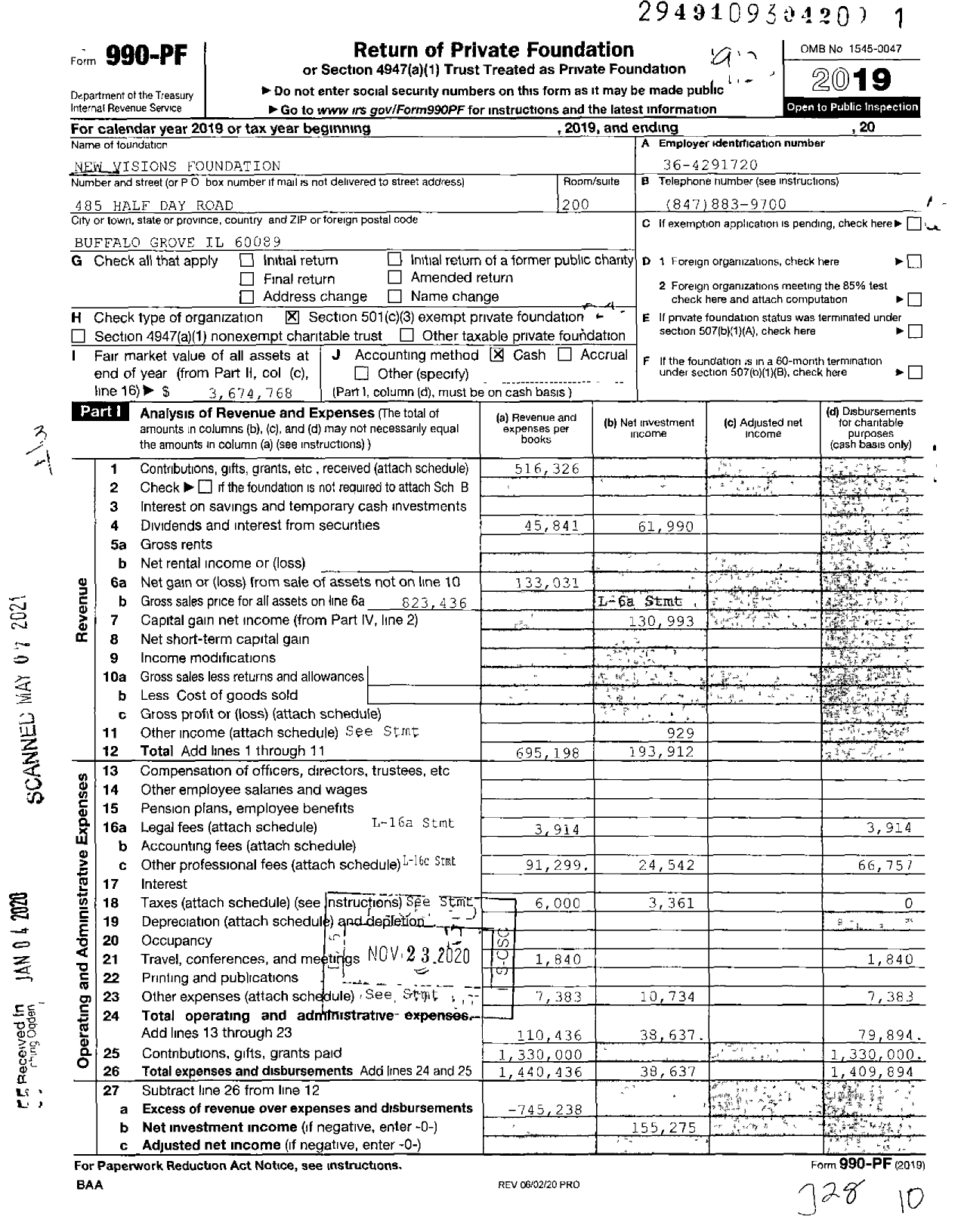 Image of first page of 2019 Form 990PF for New Visions Foundations