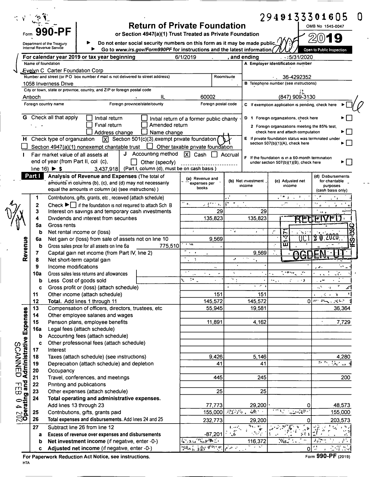 Image of first page of 2019 Form 990PF for Evelyn C Carter Foundation Corporation