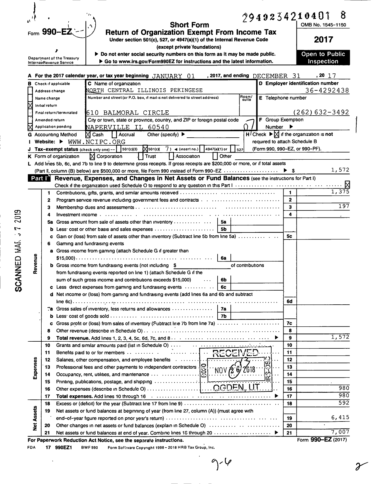 Image of first page of 2017 Form 990EO for North Central Illinois Pekingese Club