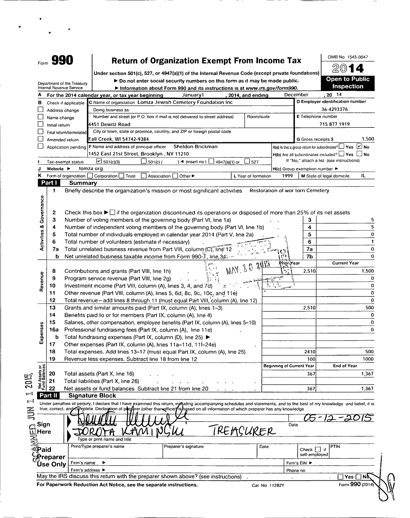 Image of first page of 2014 Form 990 for Lomza Jewish Cemetery Foundation