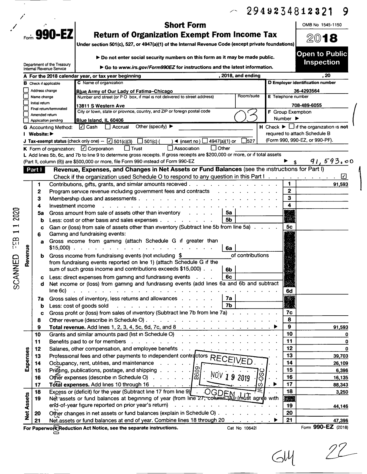 Image of first page of 2018 Form 990EZ for Blue Army of Our Lady of Fatima- Chicago