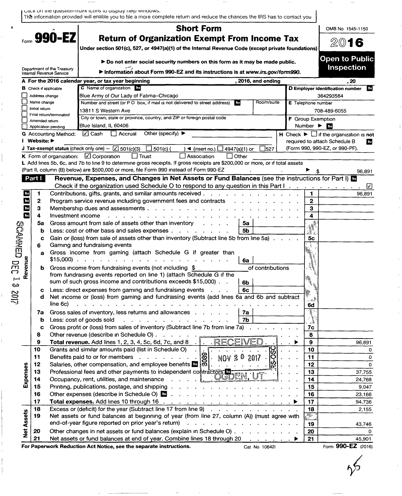 Image of first page of 2016 Form 990EZ for Blue Army of Our Lady of Fatima- Chicago