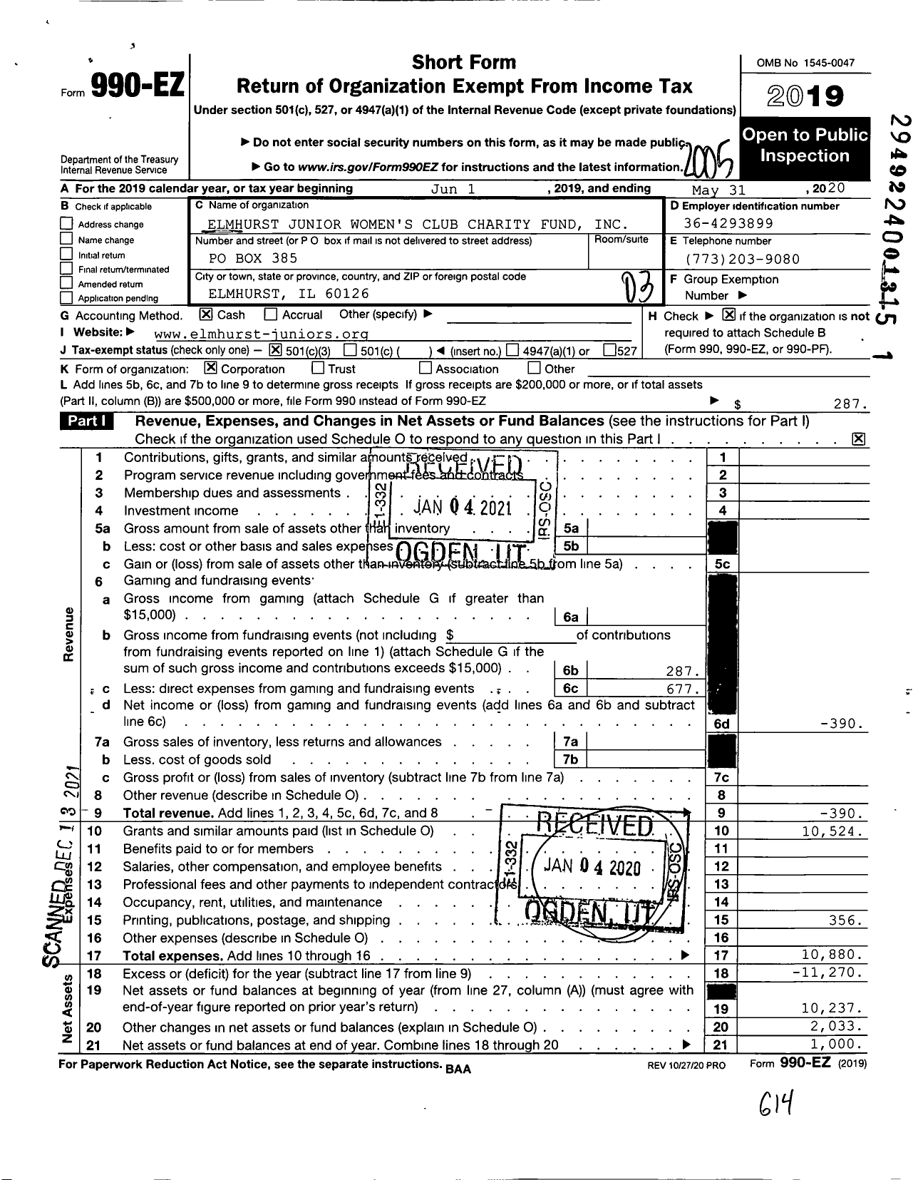 Image of first page of 2019 Form 990EZ for Elmhurst Junior Womens Club Charity Fund