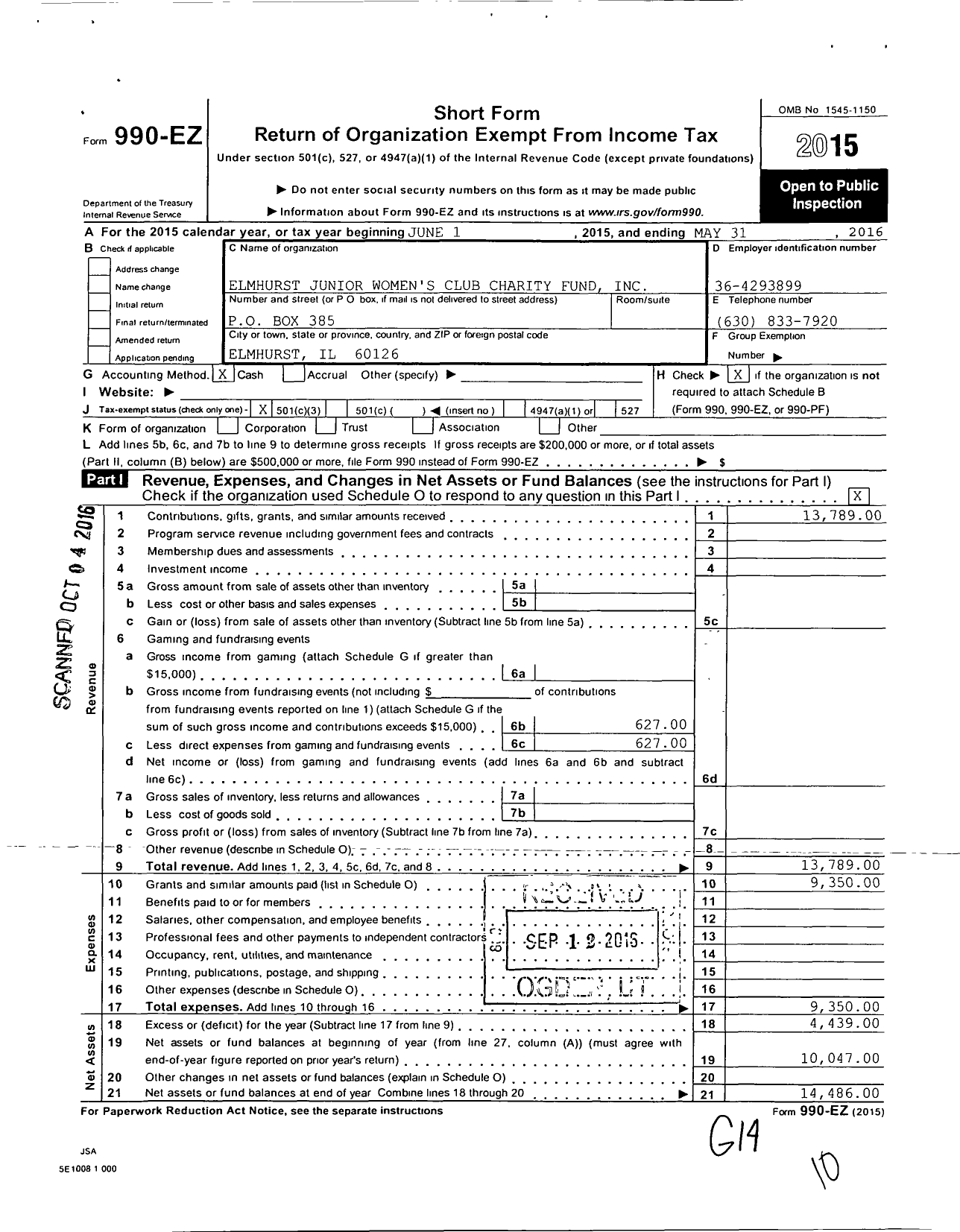 Image of first page of 2015 Form 990EZ for Elmhurst Junior Womens Club Charity Fund