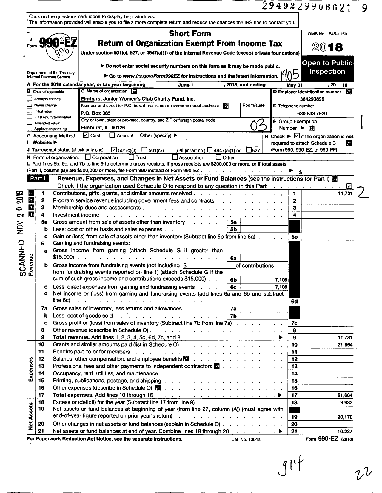 Image of first page of 2018 Form 990EZ for Elmhurst Junior Womens Club Charity Fund