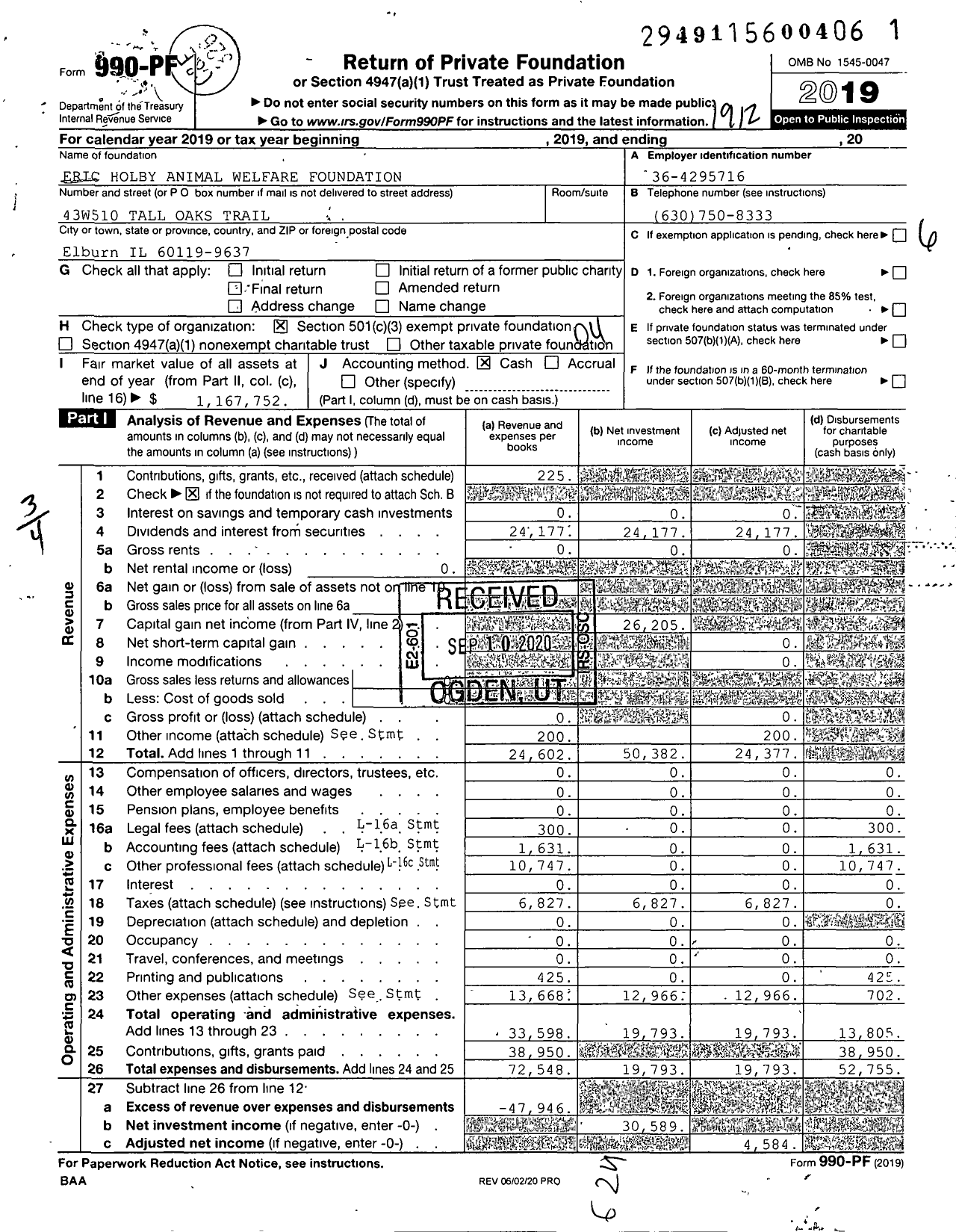 Image of first page of 2019 Form 990PF for Eric Holby Animal Welfare Foundation