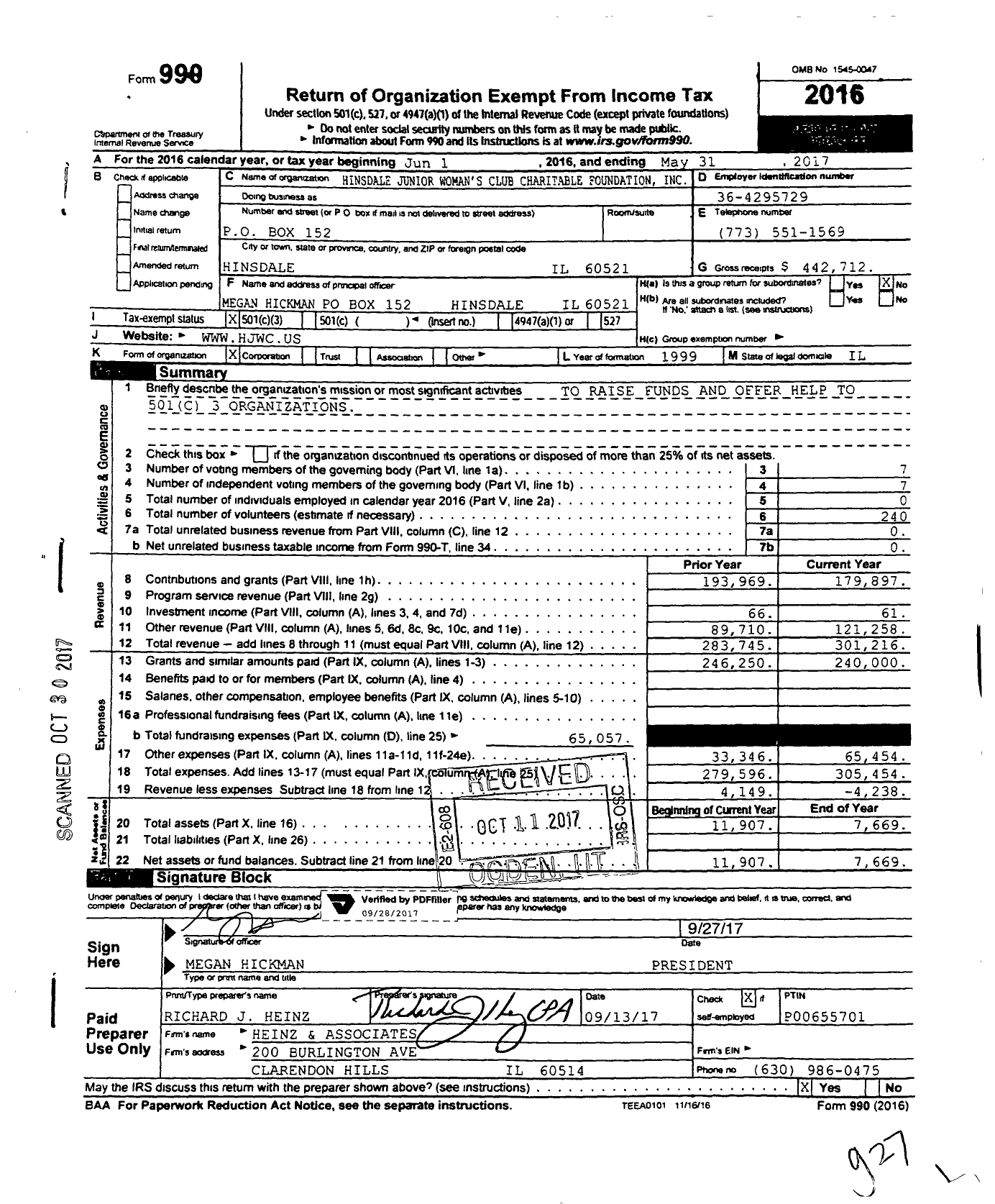 Image of first page of 2016 Form 990 for Hinsdale Junior Woman's Club Charitable Foundation