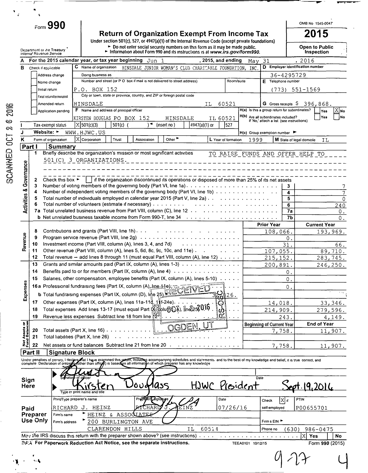 Image of first page of 2015 Form 990 for Hinsdale Junior Woman's Club Charitable Foundation