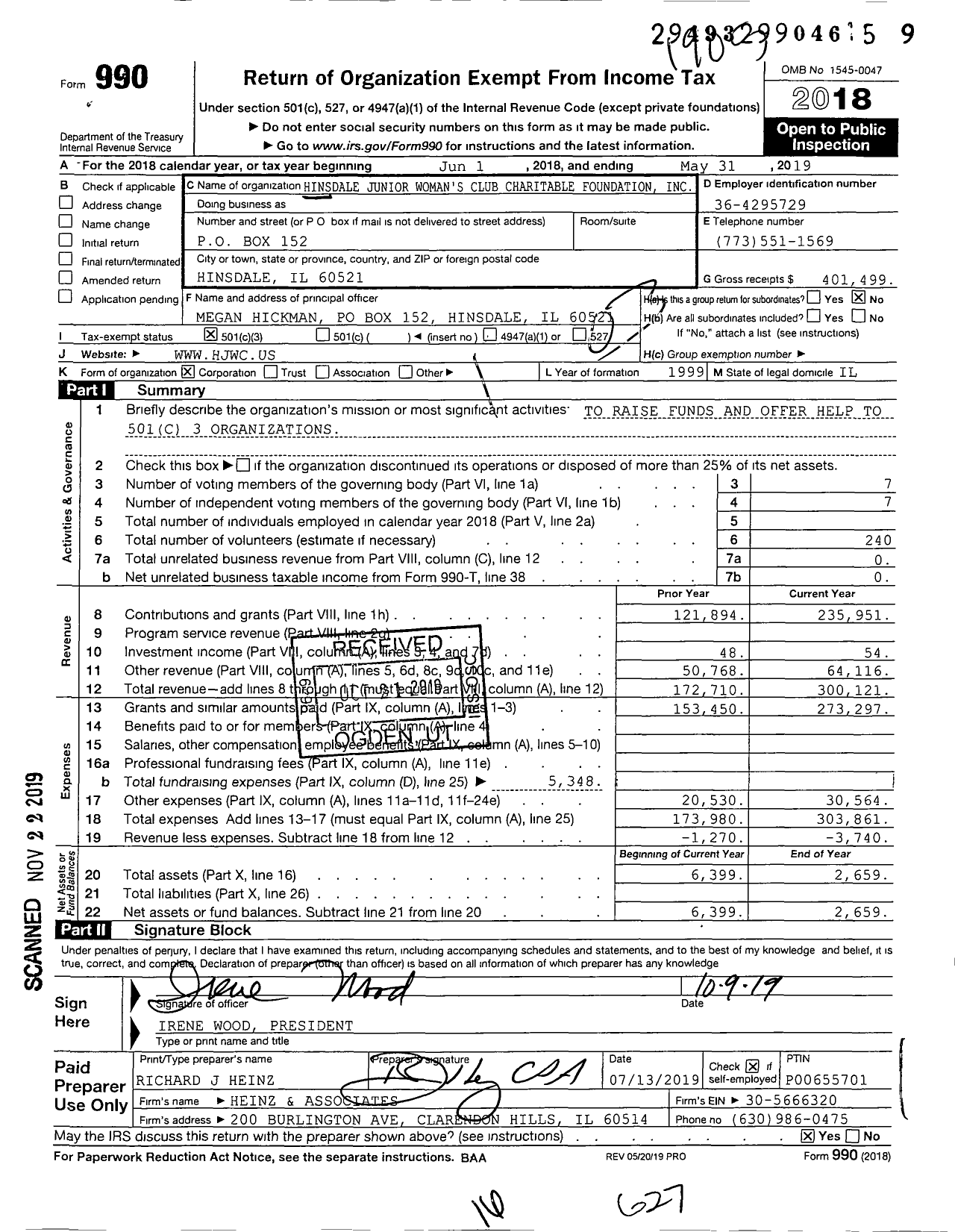 Image of first page of 2018 Form 990 for Hinsdale Junior Woman's Club Charitable Foundation