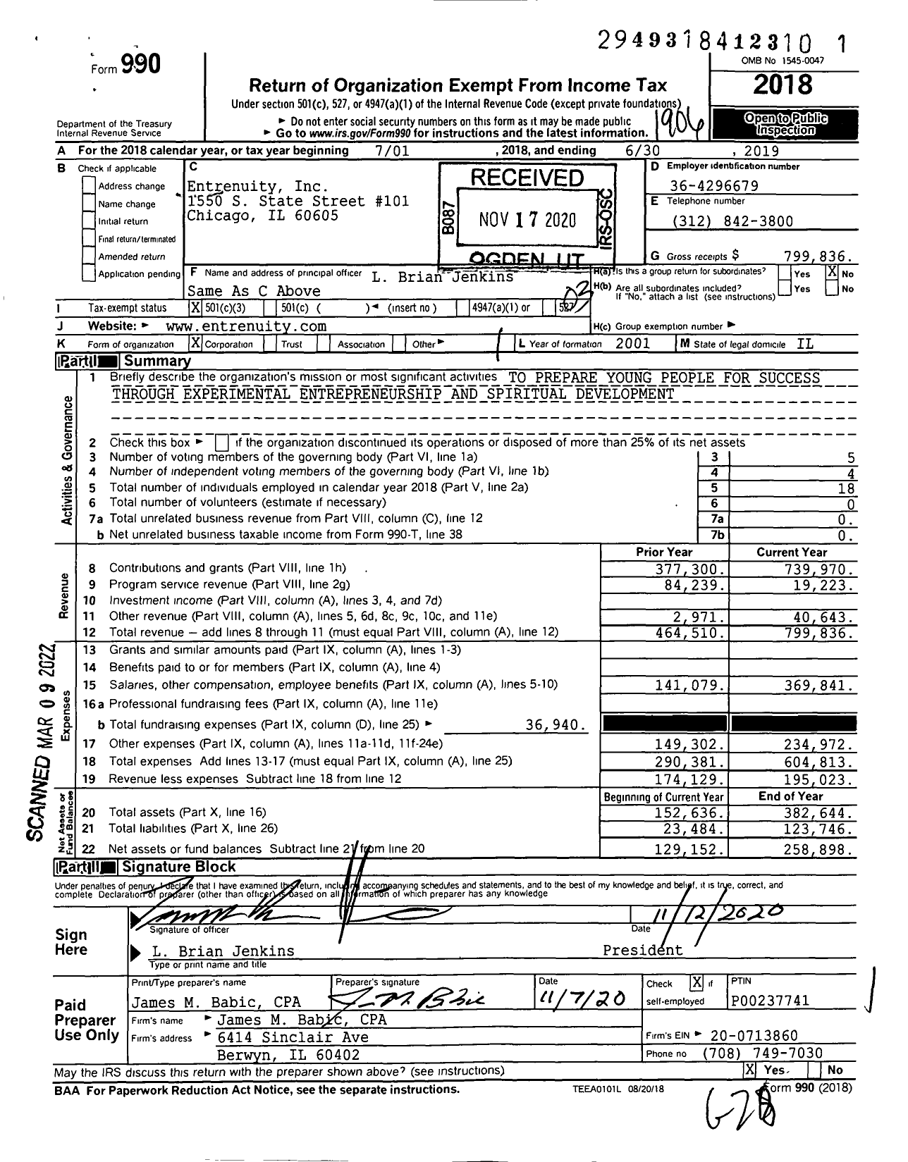 Image of first page of 2018 Form 990 for Entrenuity