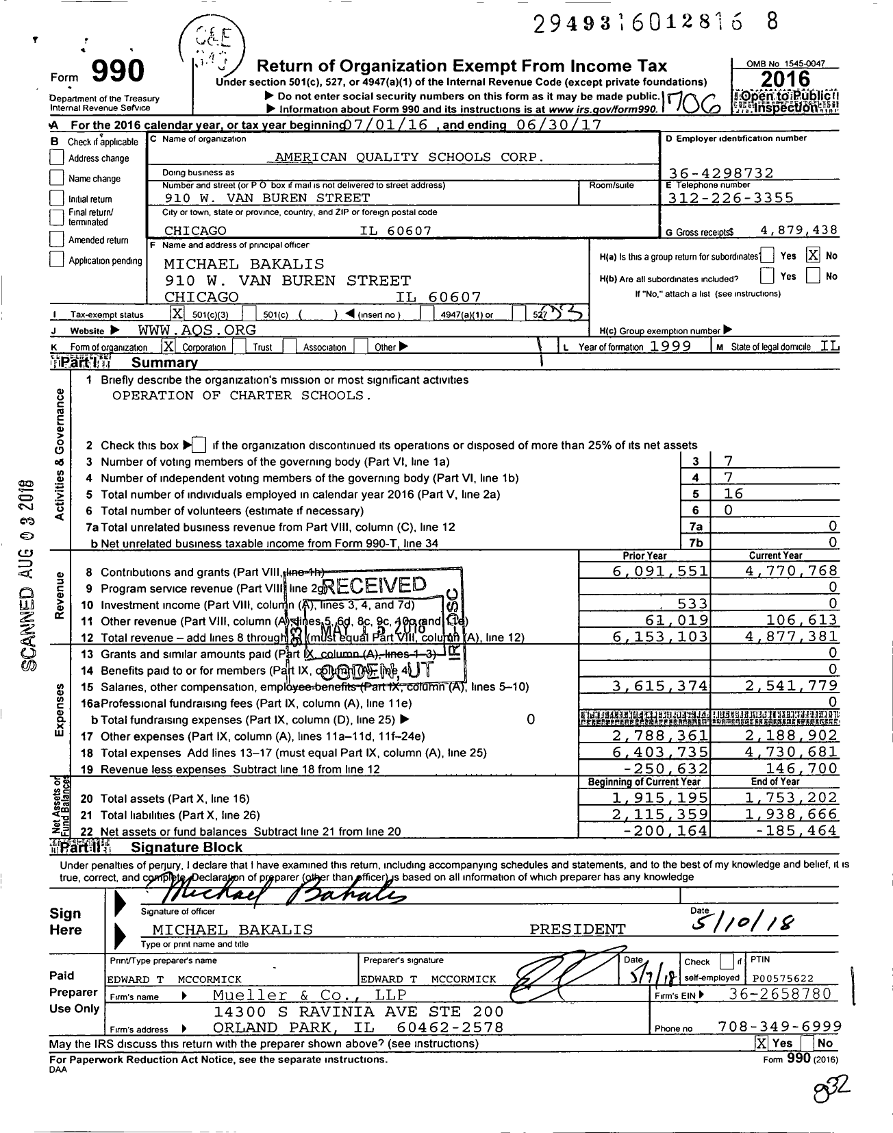 Image of first page of 2016 Form 990 for American Quality Schools Corporation