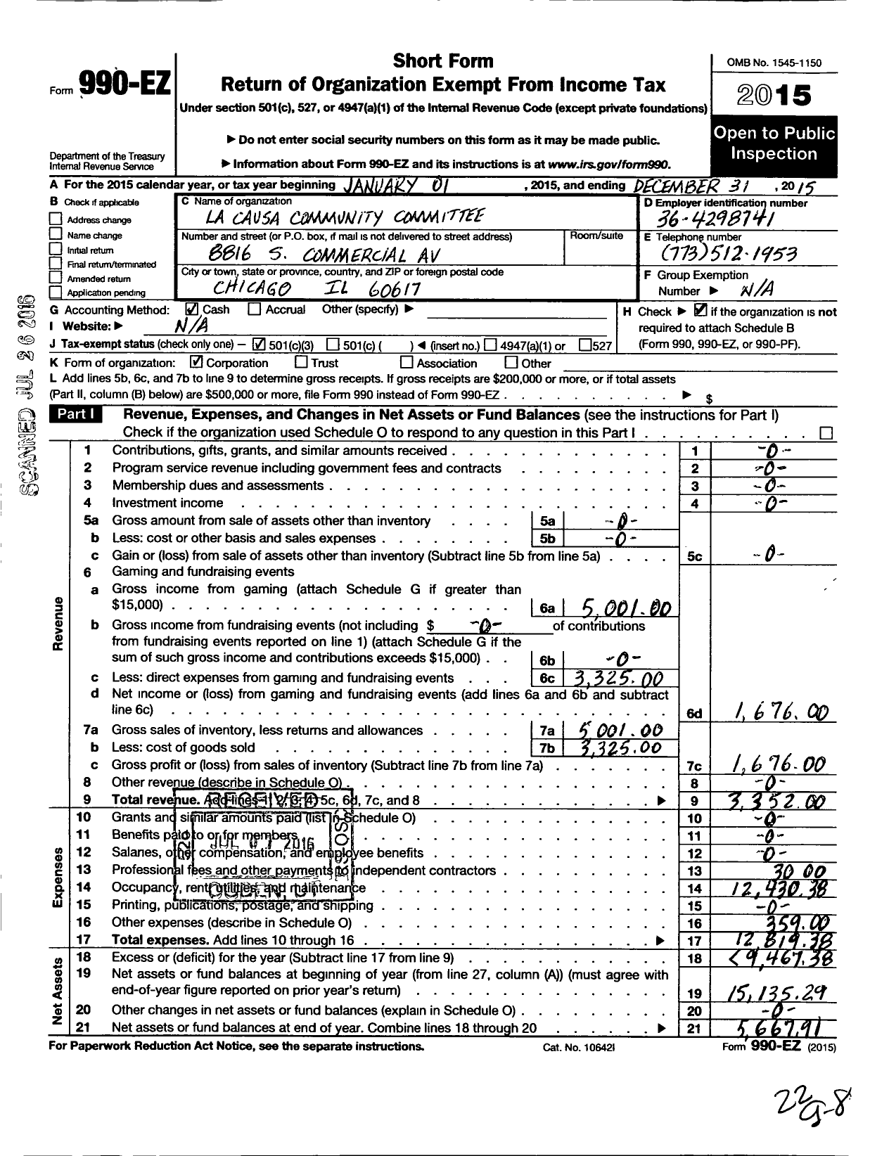 Image of first page of 2015 Form 990EZ for Lacausa Community Committee