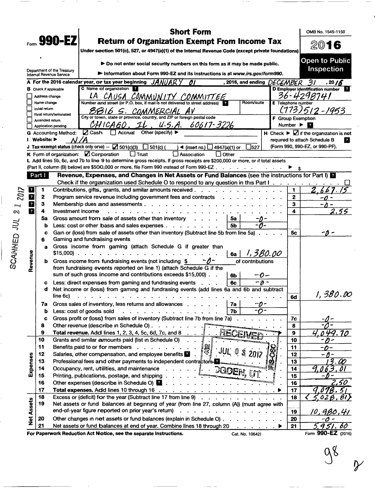 Image of first page of 2016 Form 990EZ for Lacausa Community Committee