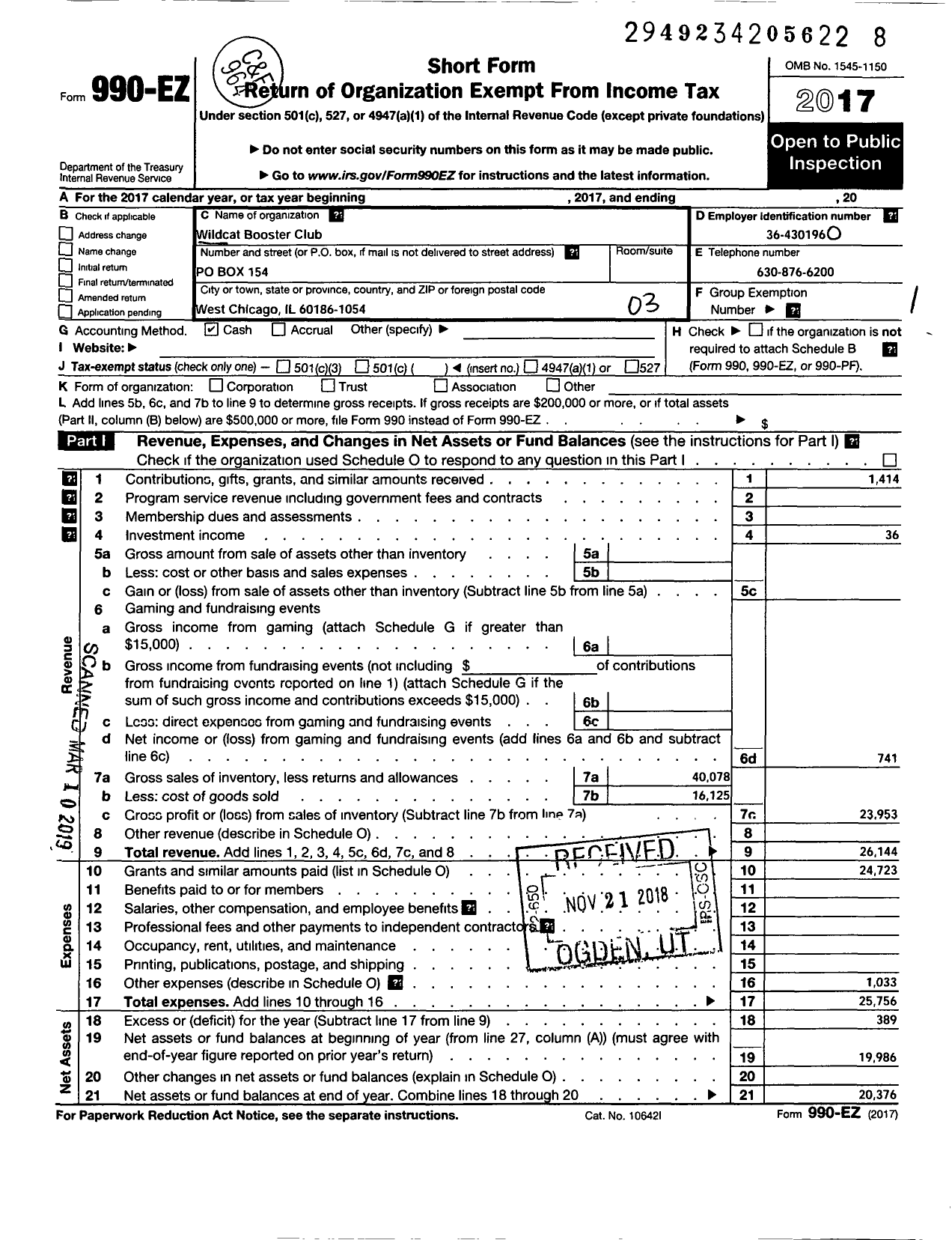 Image of first page of 2017 Form 990EZ for Wildcat Booster Club