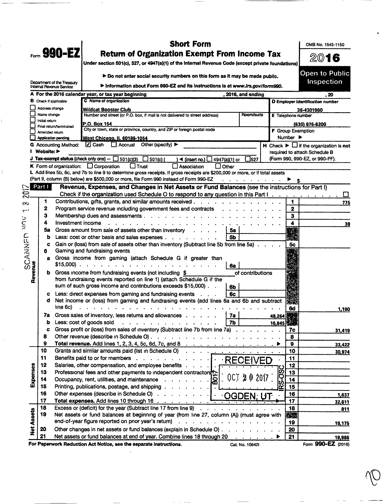 Image of first page of 2016 Form 990EO for Wildcat Booster Club