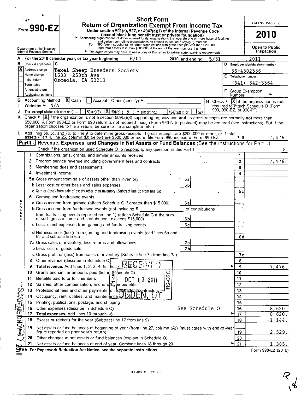 Image of first page of 2010 Form 990EO for Texel Sheep Breeders Society