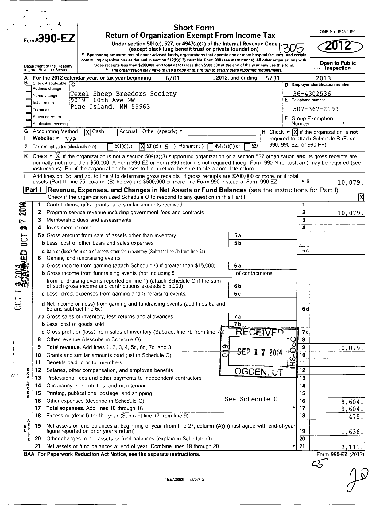 Image of first page of 2012 Form 990EO for Texel Sheep Breeders Society