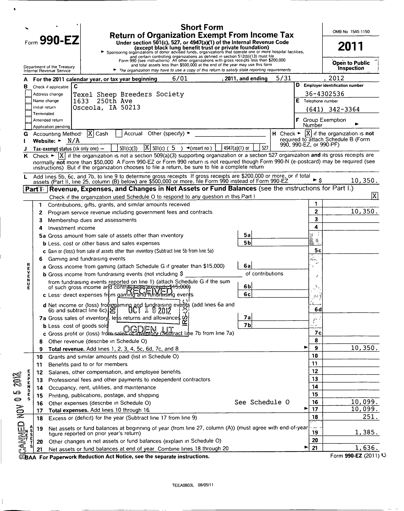 Image of first page of 2011 Form 990EO for Texel Sheep Breeders Society