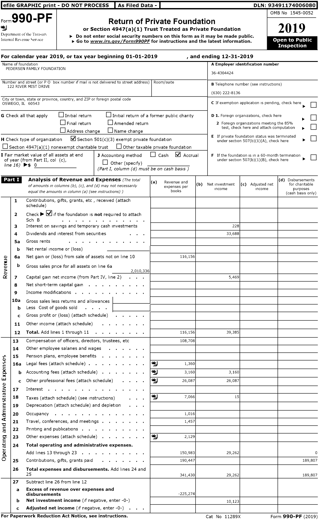 Image of first page of 2019 Form 990PR for Pedersen Family Foundation