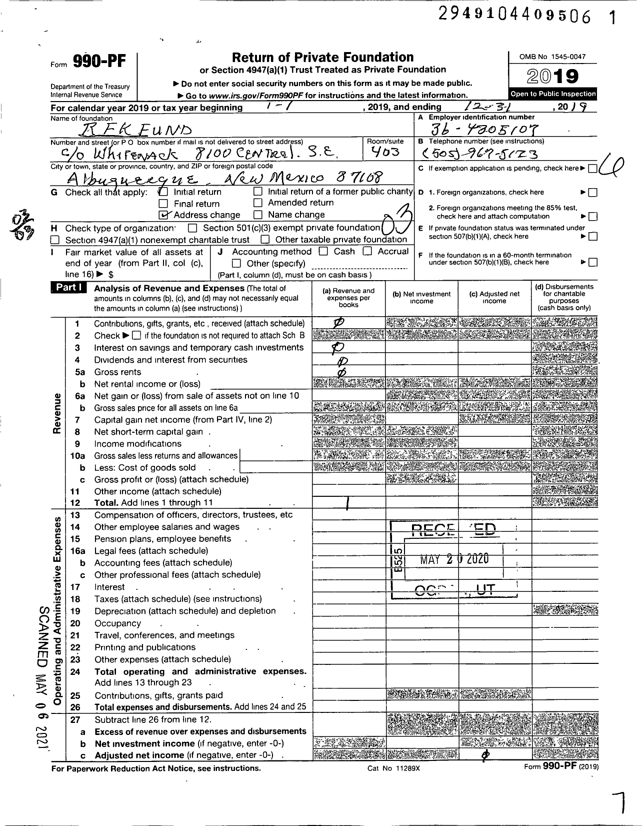 Image of first page of 2019 Form 990PF for R F K Fund