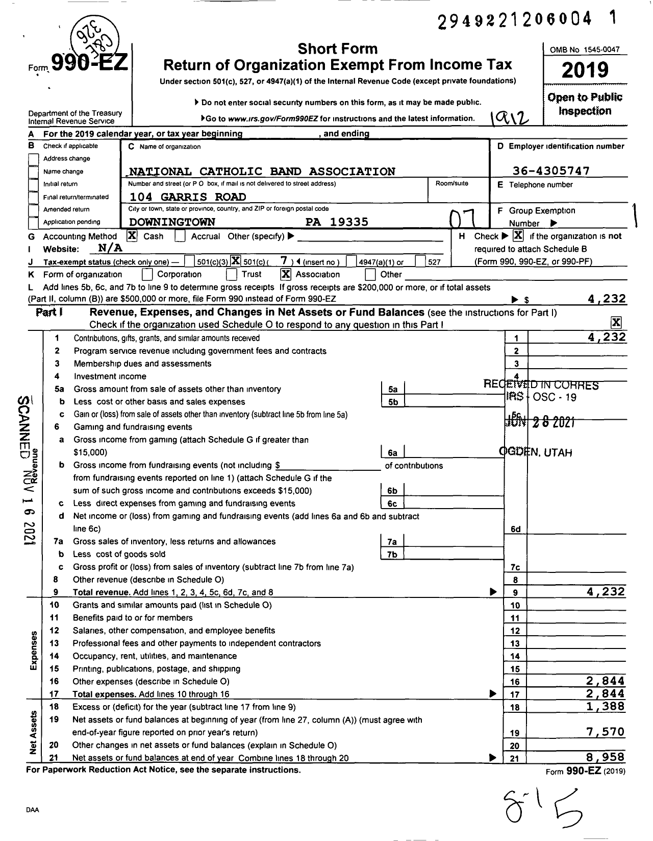 Image of first page of 2019 Form 990EO for National Catholic Band Association (NCBA)