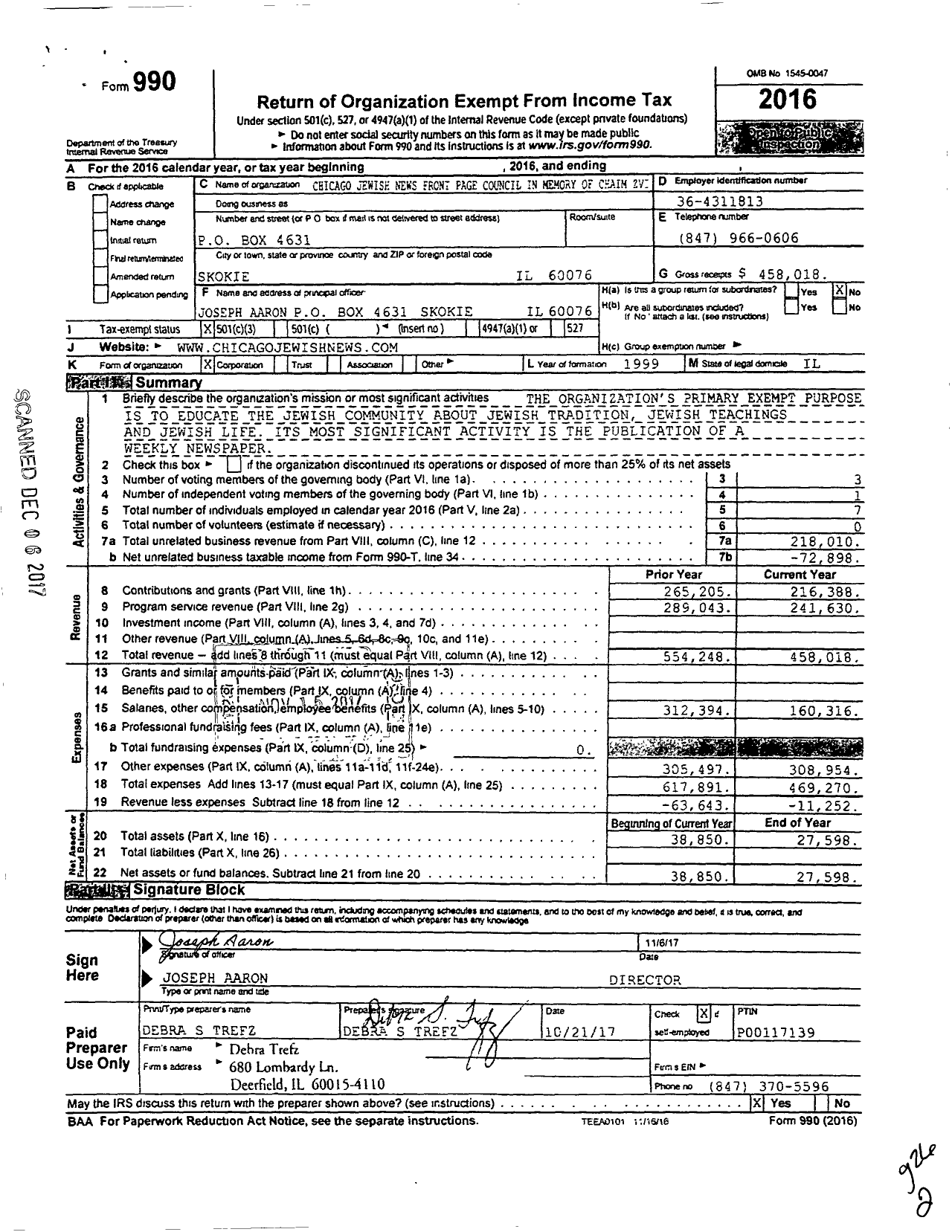 Image of first page of 2016 Form 990 for Chicago Jewish News Front Page Council in Memory of Chaim Zvi