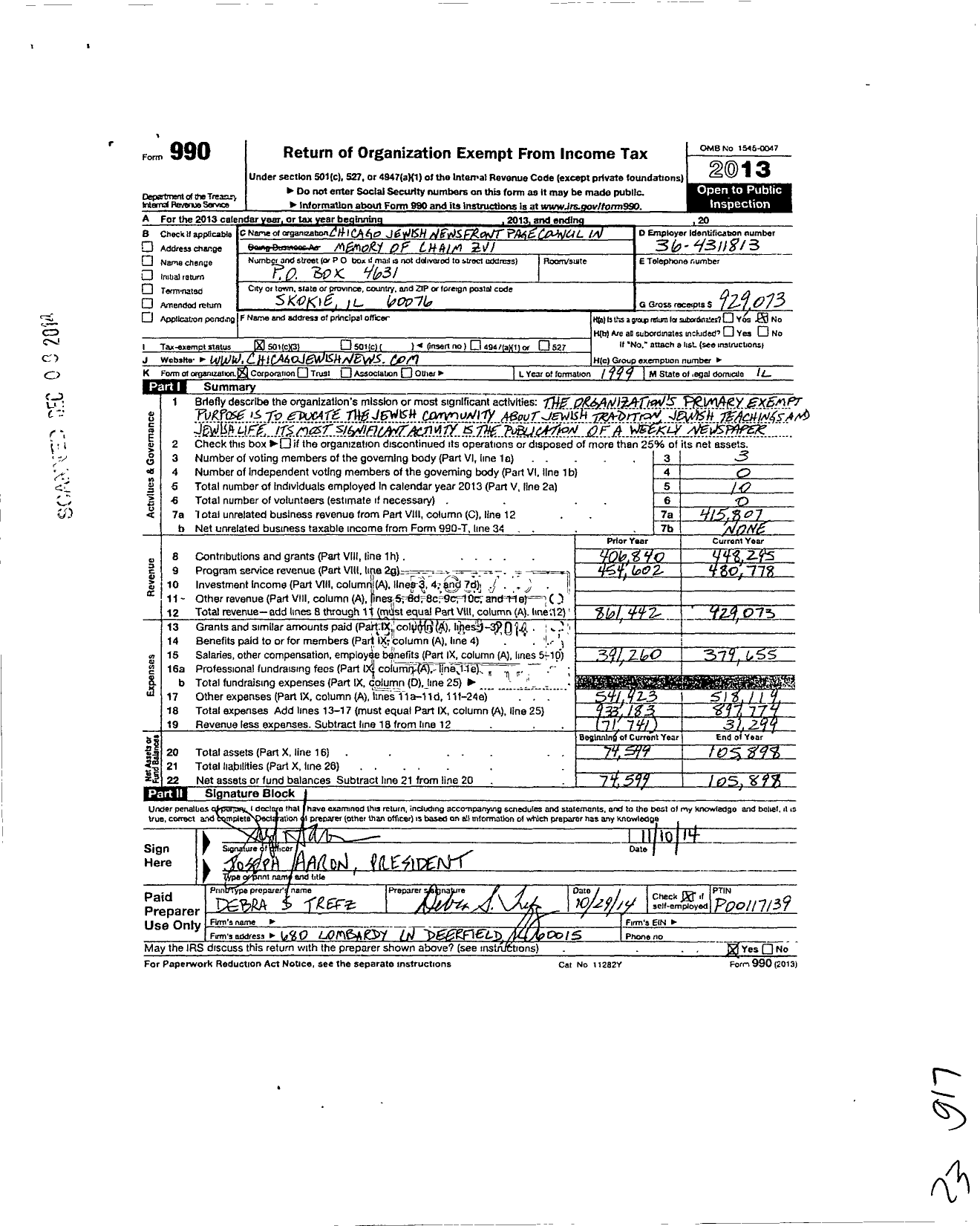 Image of first page of 2013 Form 990 for Chicago Jewish News Front Page Council in Memory of Chaim Zvi