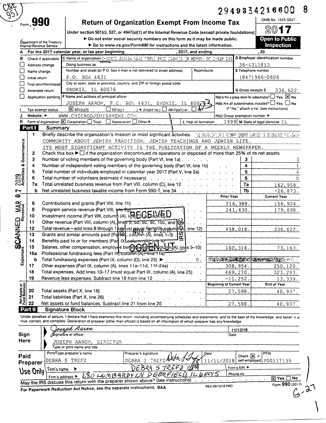 Image of first page of 2017 Form 990 for Chicago Jewish News Front Page Council in Memory of Chaim Zvi