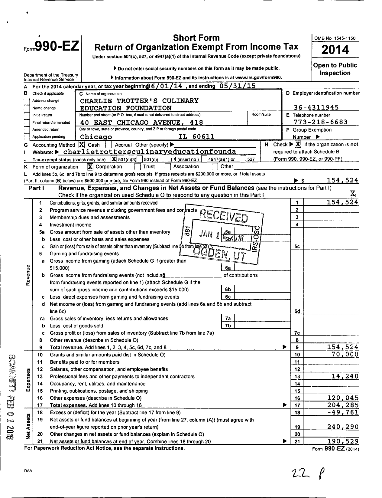 Image of first page of 2014 Form 990EZ for Charlie Trotter's Culinary Education Foundation