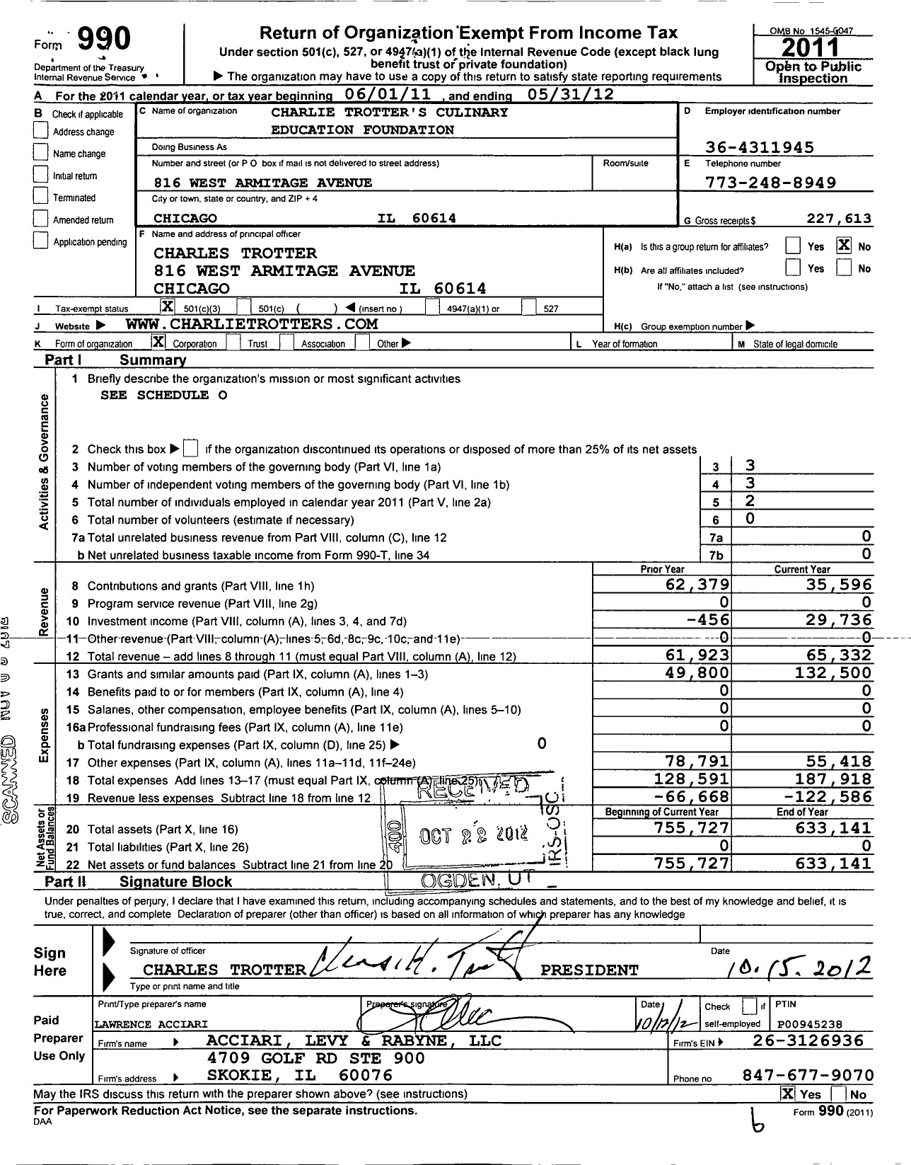 Image of first page of 2011 Form 990 for Charlie Trotter's Culinary Education Foundation