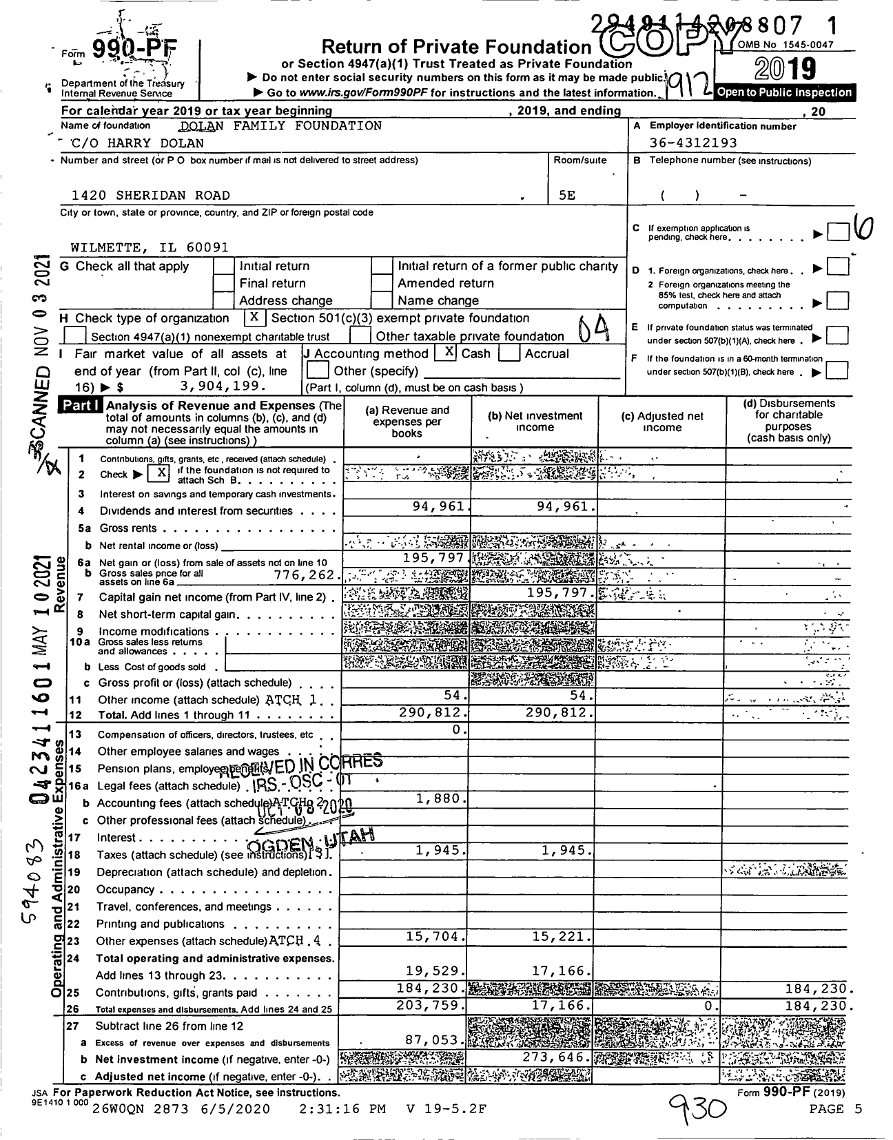 Image of first page of 2019 Form 990PF for Dolan Family Foundation