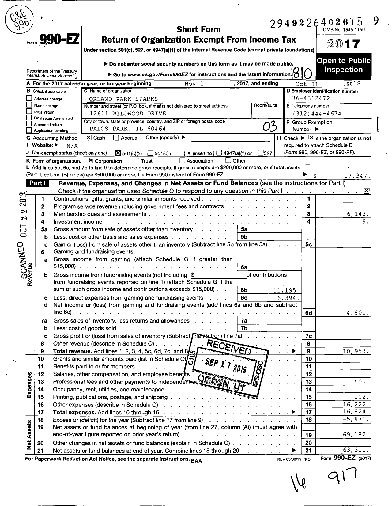 Image of first page of 2017 Form 990EZ for Orland Park Sparks