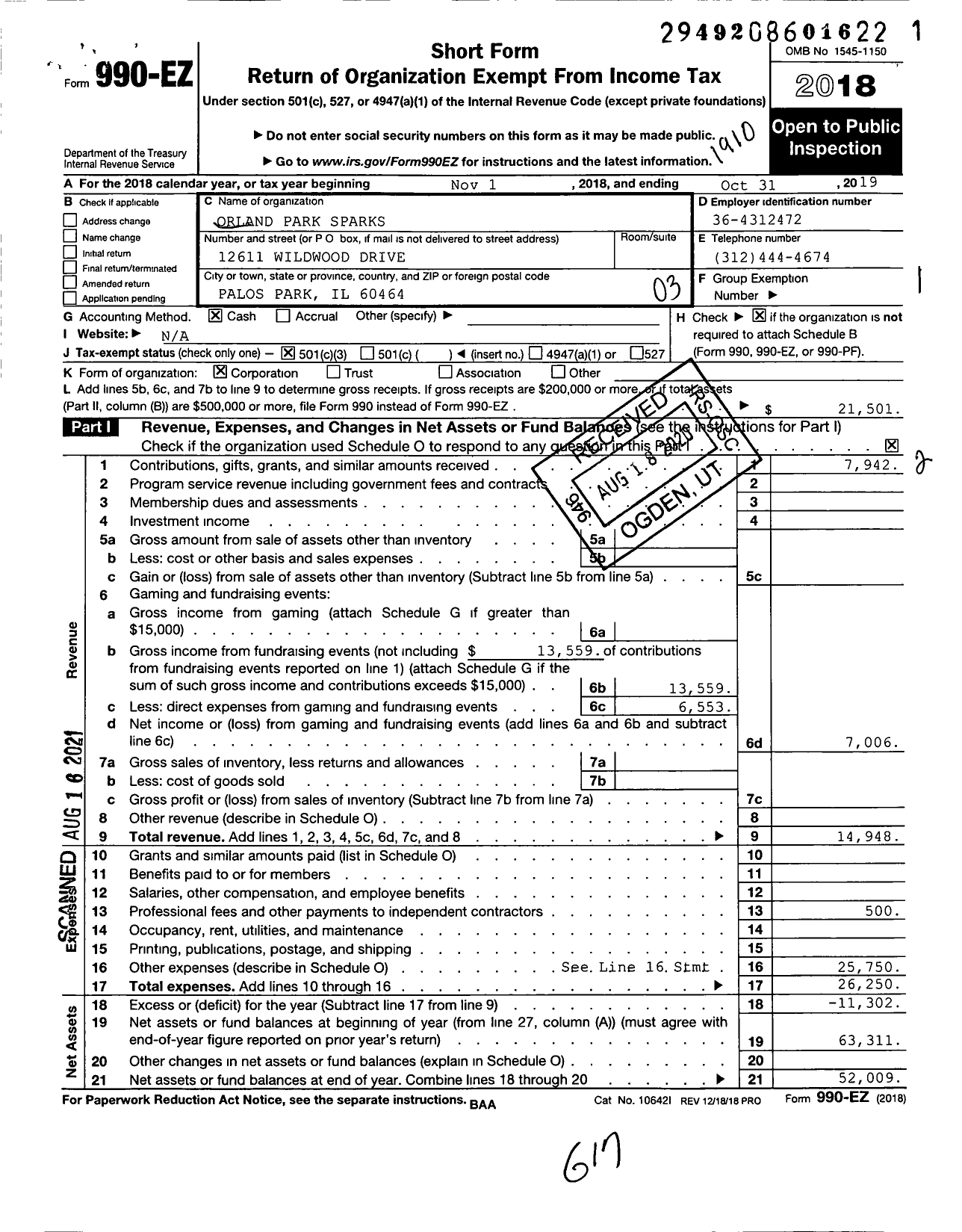 Image of first page of 2018 Form 990EZ for Orland Park Sparks