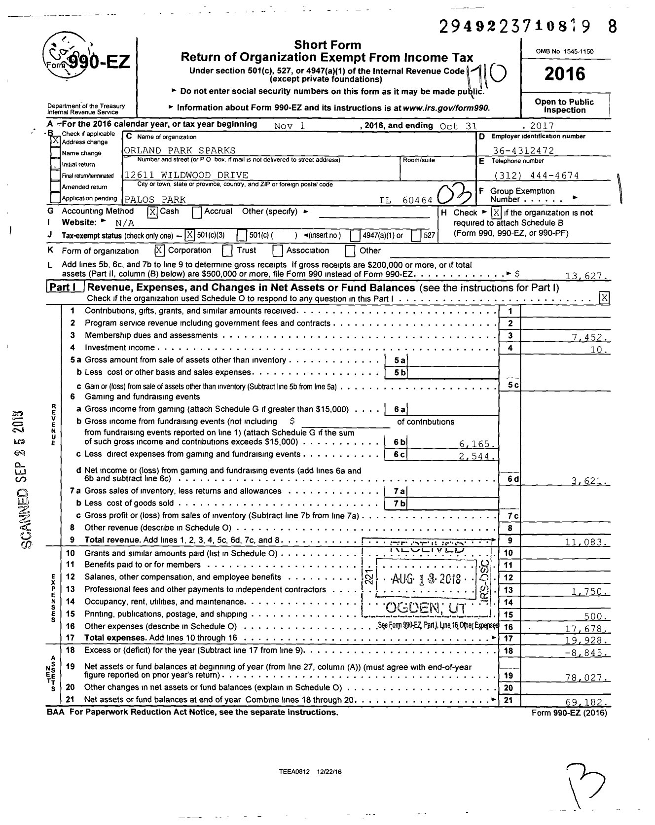 Image of first page of 2016 Form 990EZ for Orland Park Sparks