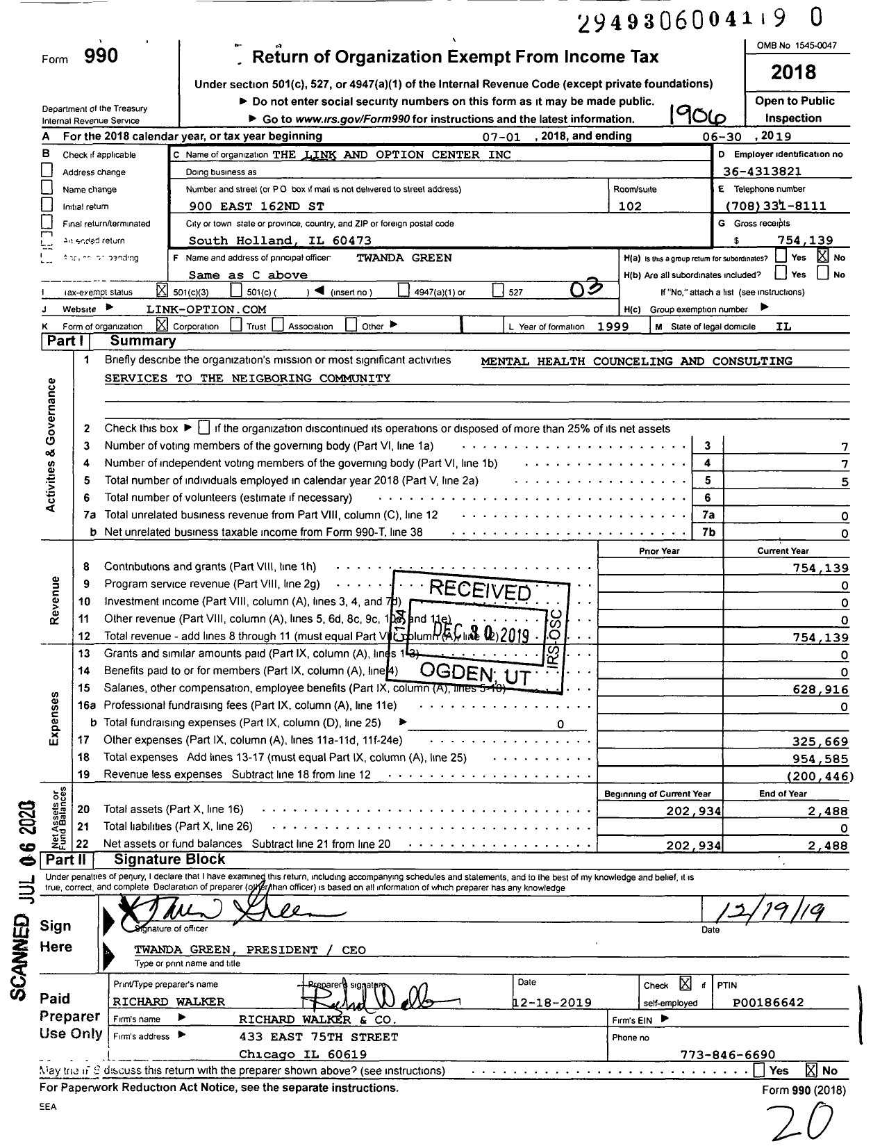 Image of first page of 2018 Form 990 for The Link and Option Center