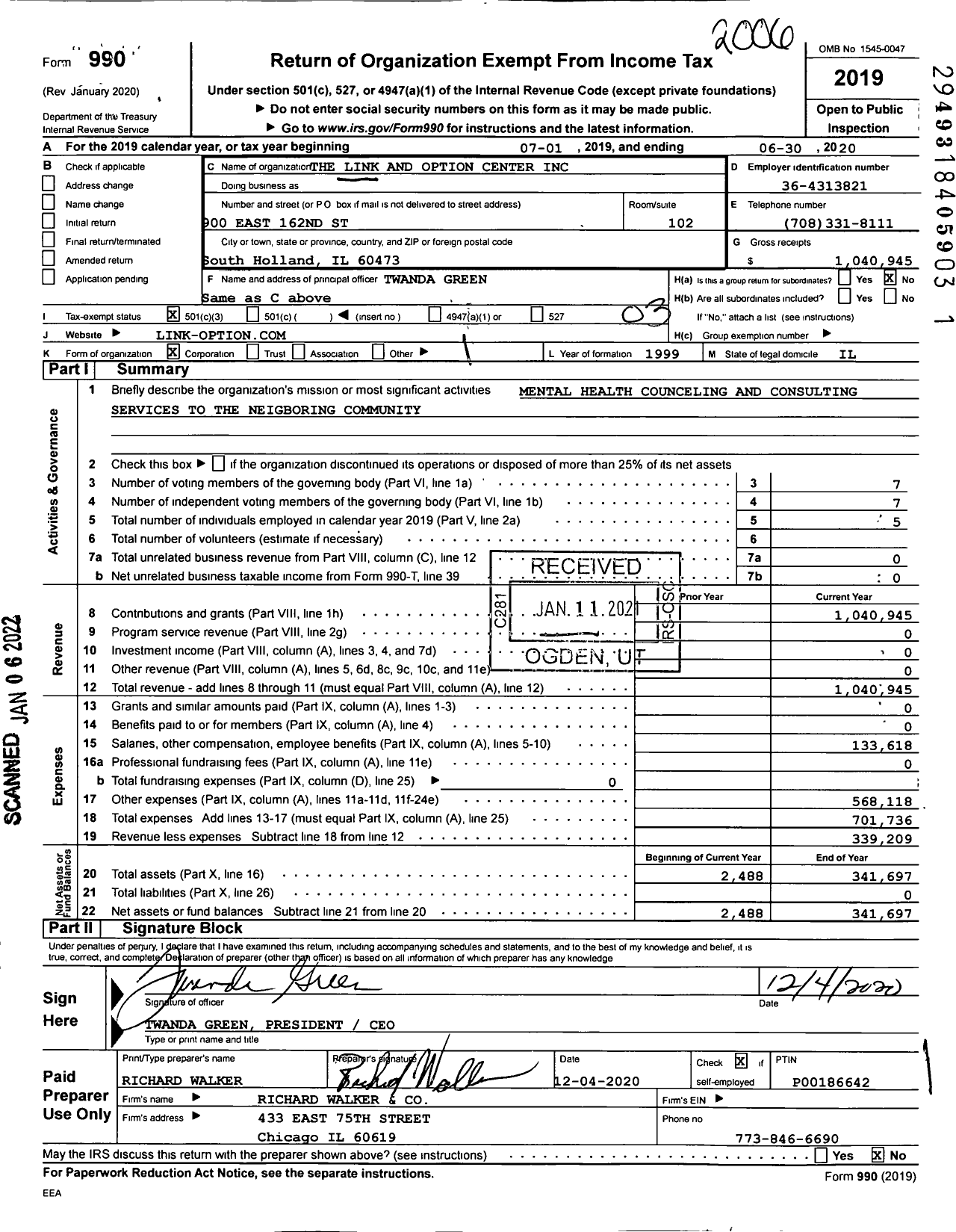 Image of first page of 2019 Form 990 for The Link and Option Center