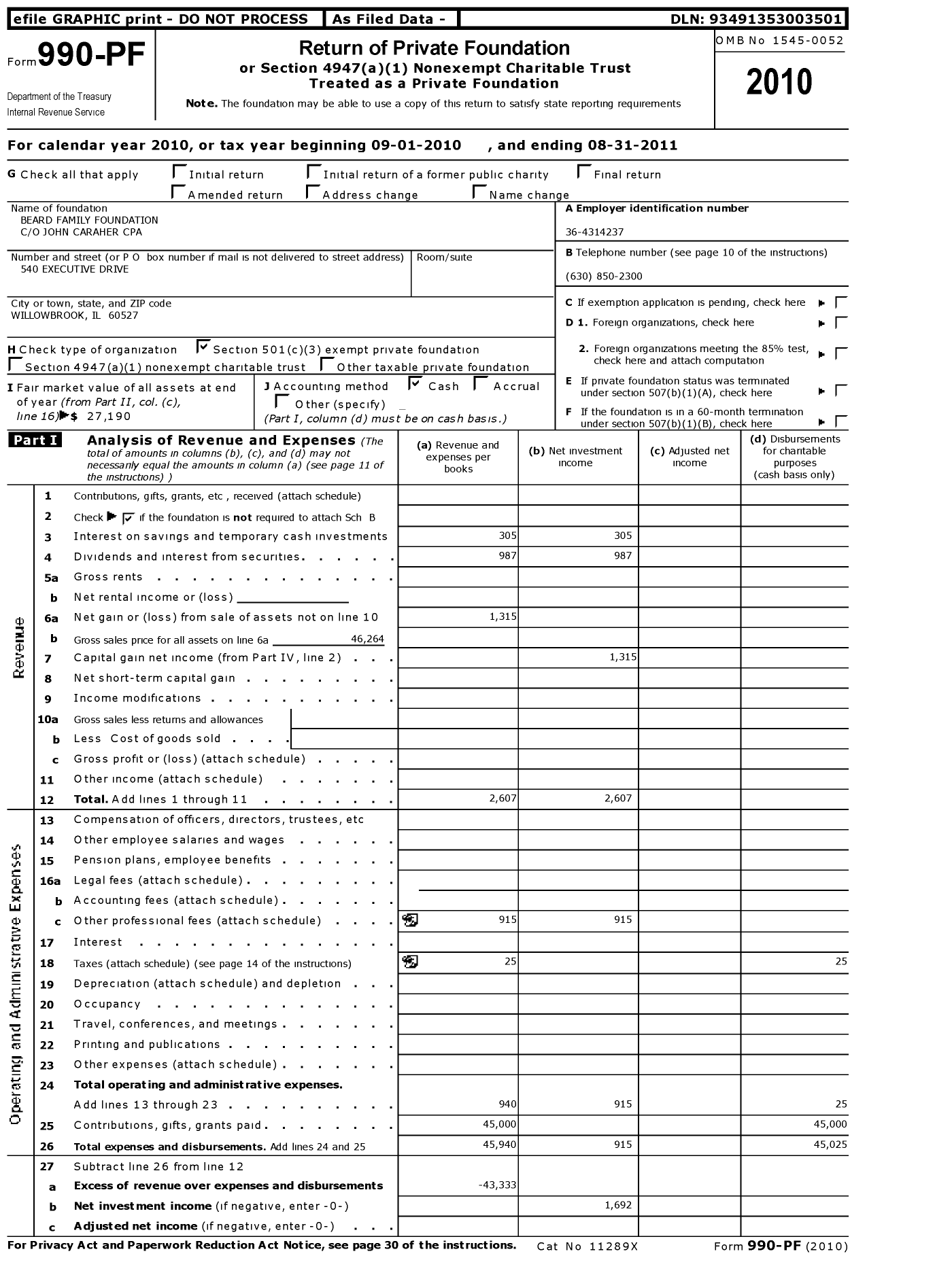 Image of first page of 2010 Form 990PF for Beard Family Foundation