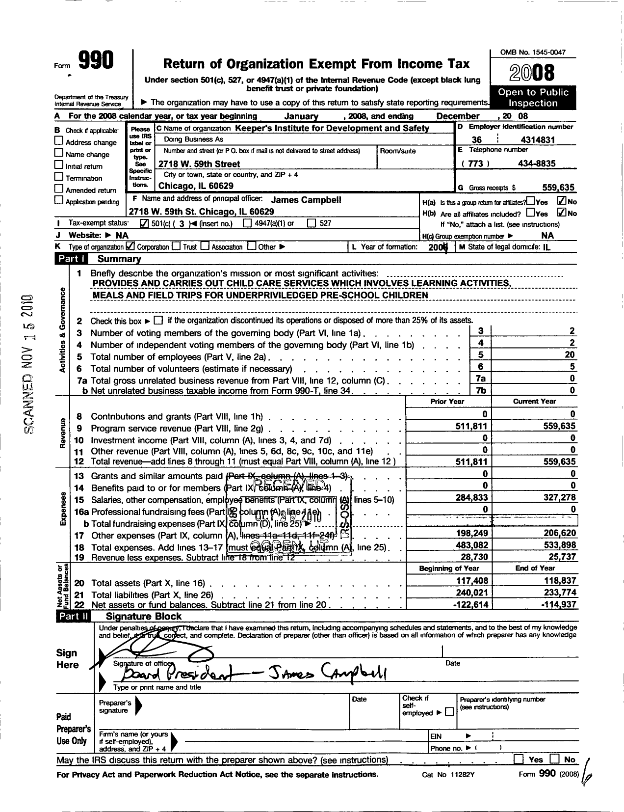 Image of first page of 2008 Form 990 for Keepers Institute for Development and Safety